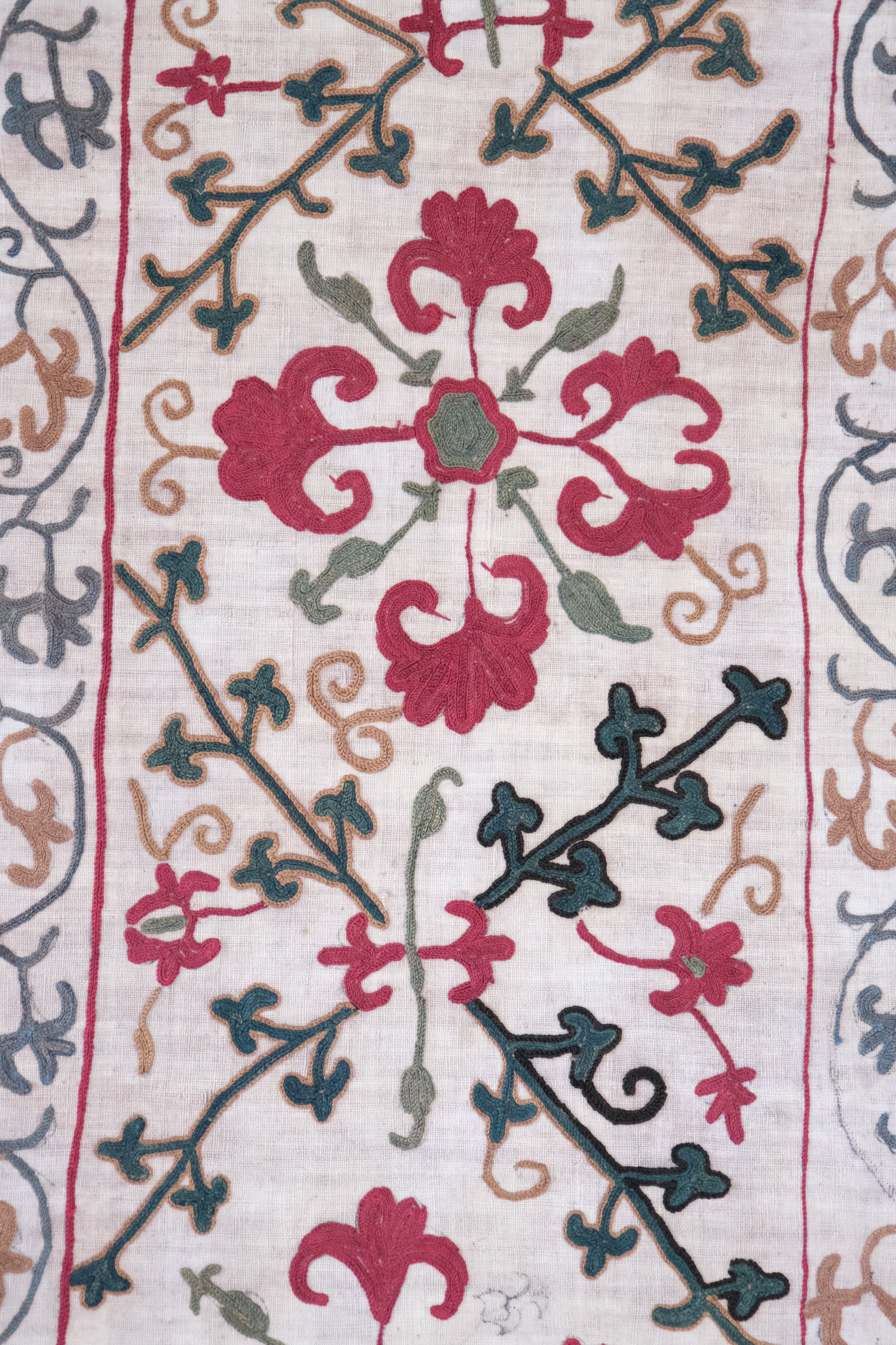 Framed antique suzani, dark pink & green