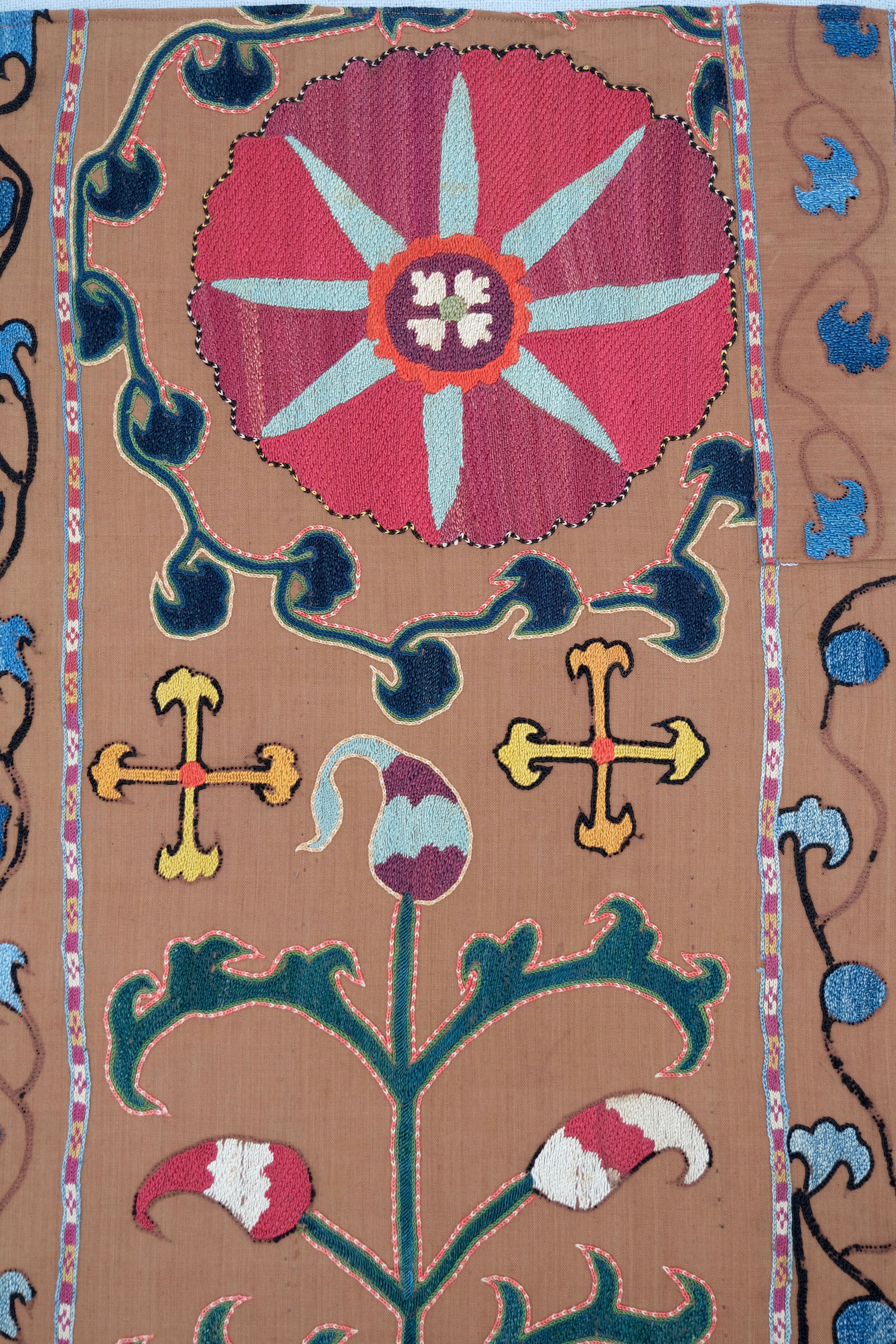 Framed antique suzani, camel & blue