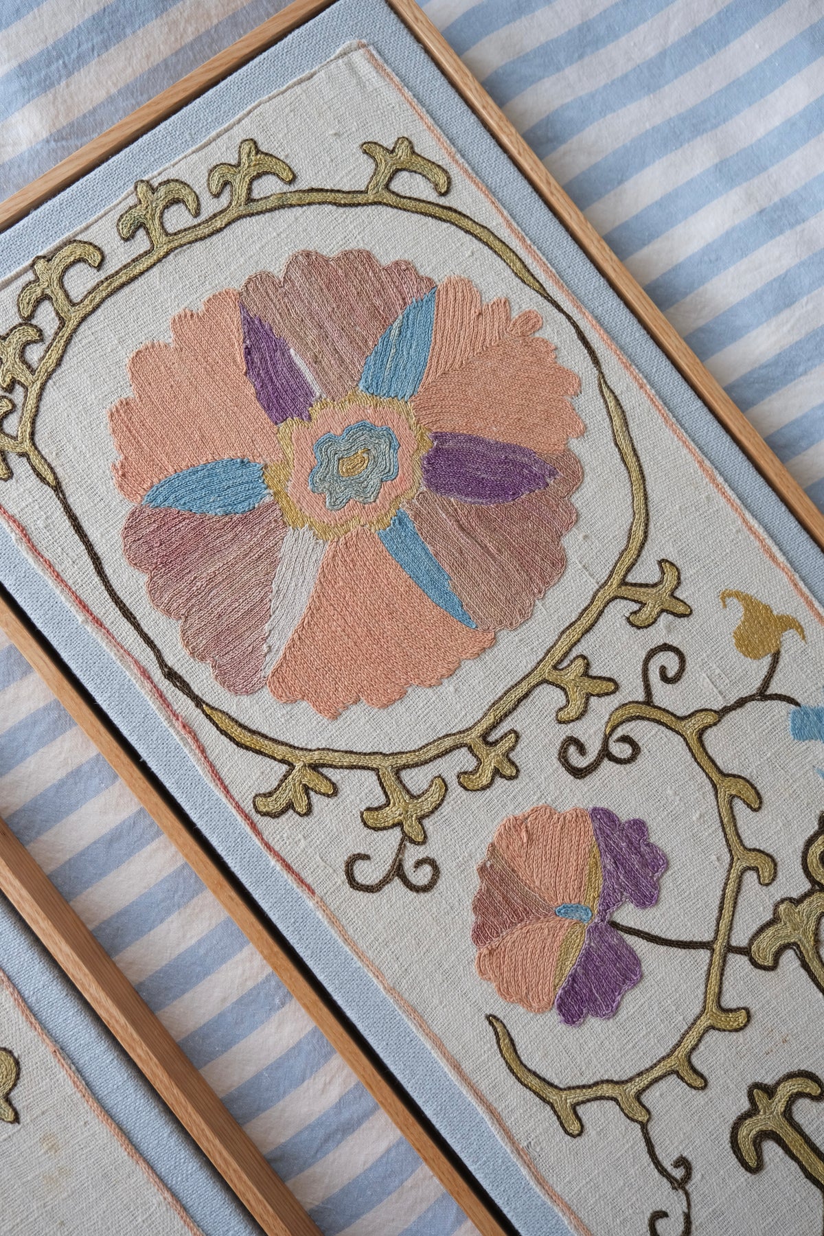 Pair of framed antique suzanis, pastel colours