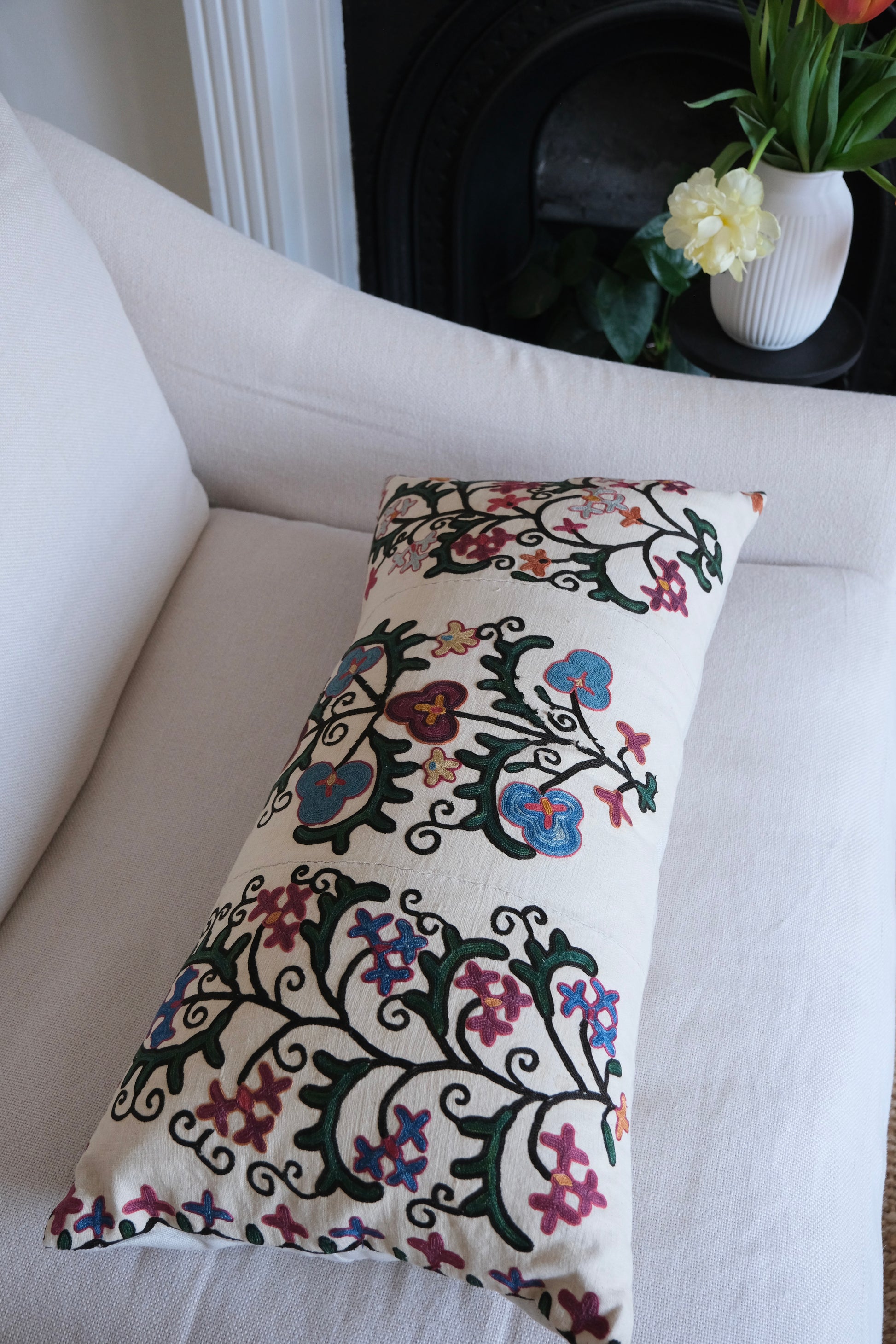 Antique suzani lumbar cushion, floral design, top view