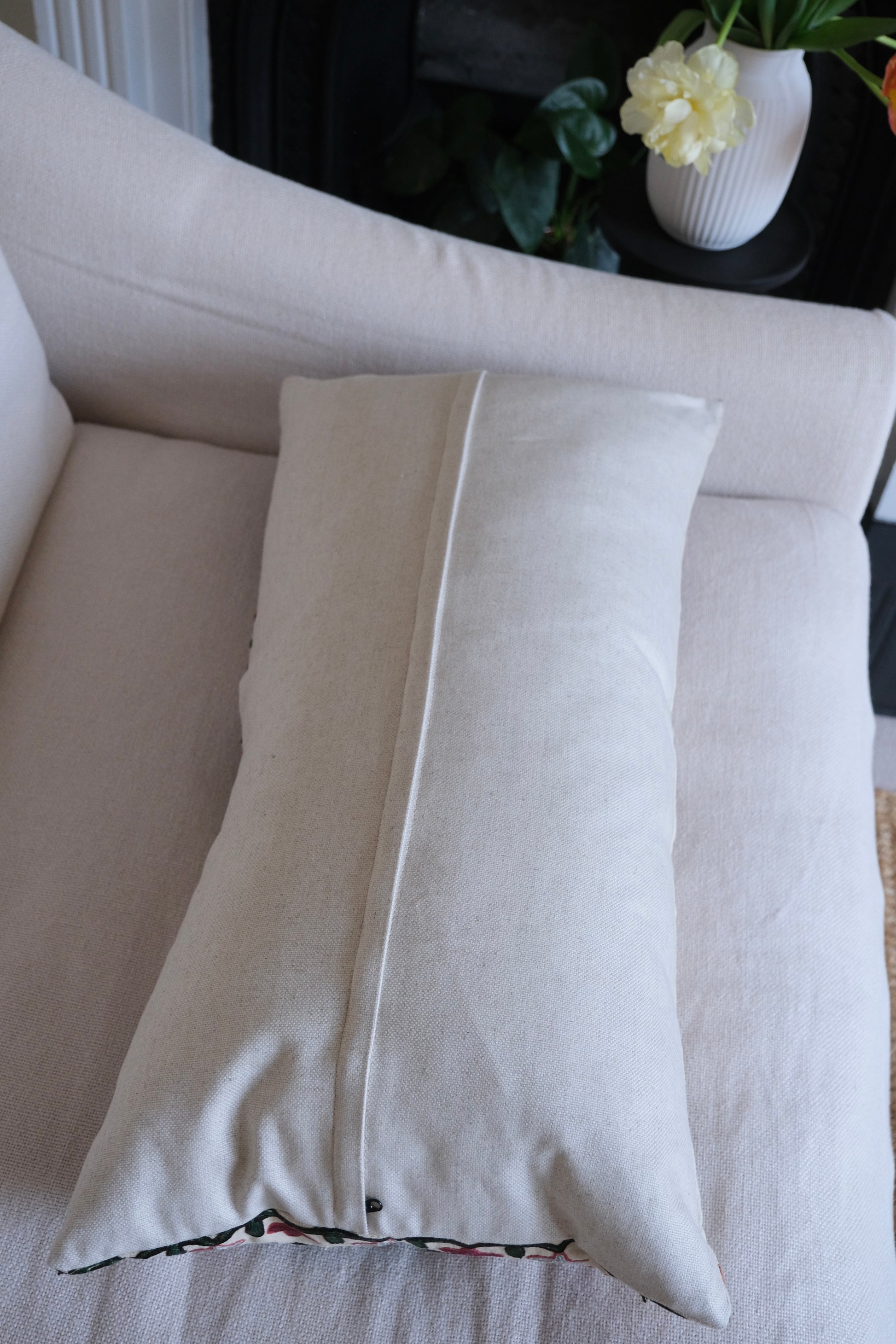 Antique suzani lumbar cushion, floral design, linen back