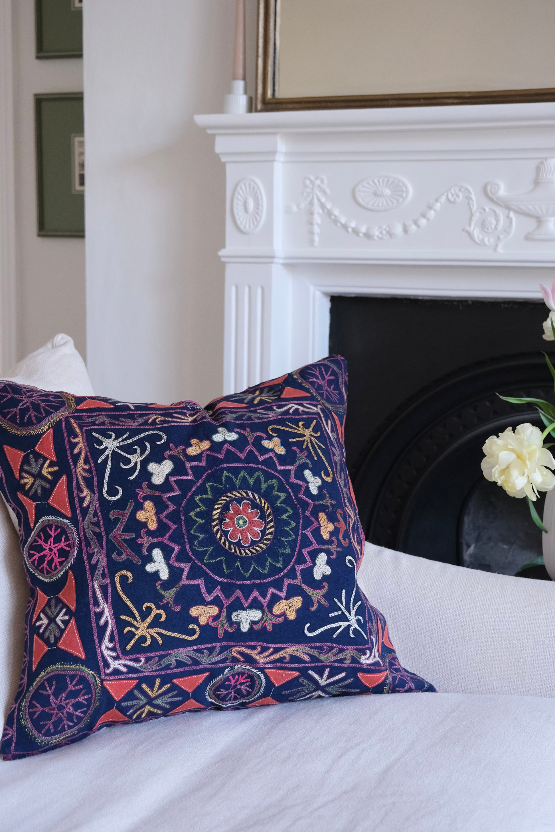 Vintage suzani cushion, blue with colourful pattern