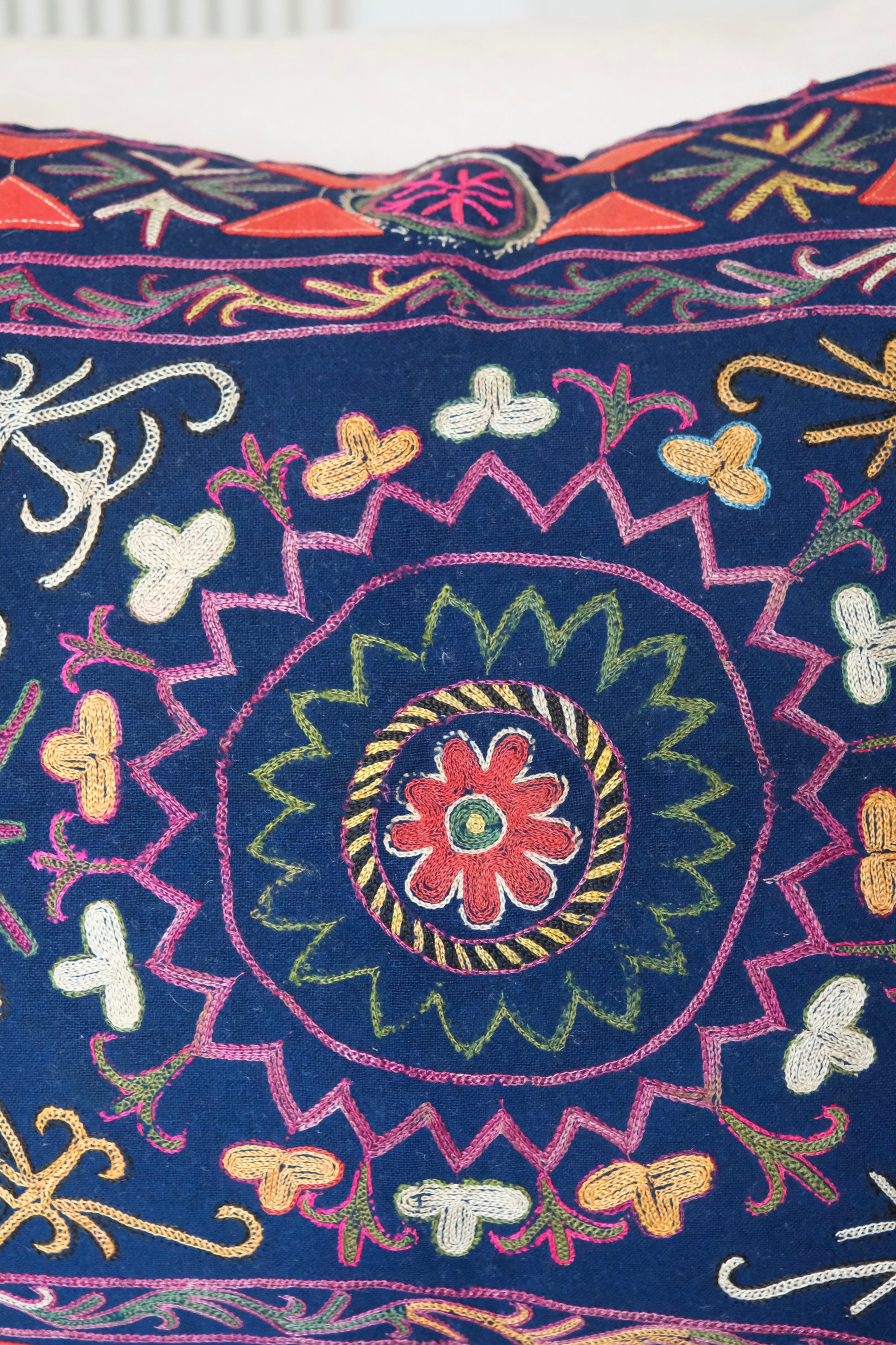 Vintage suzani cushion, blue with colourful pattern