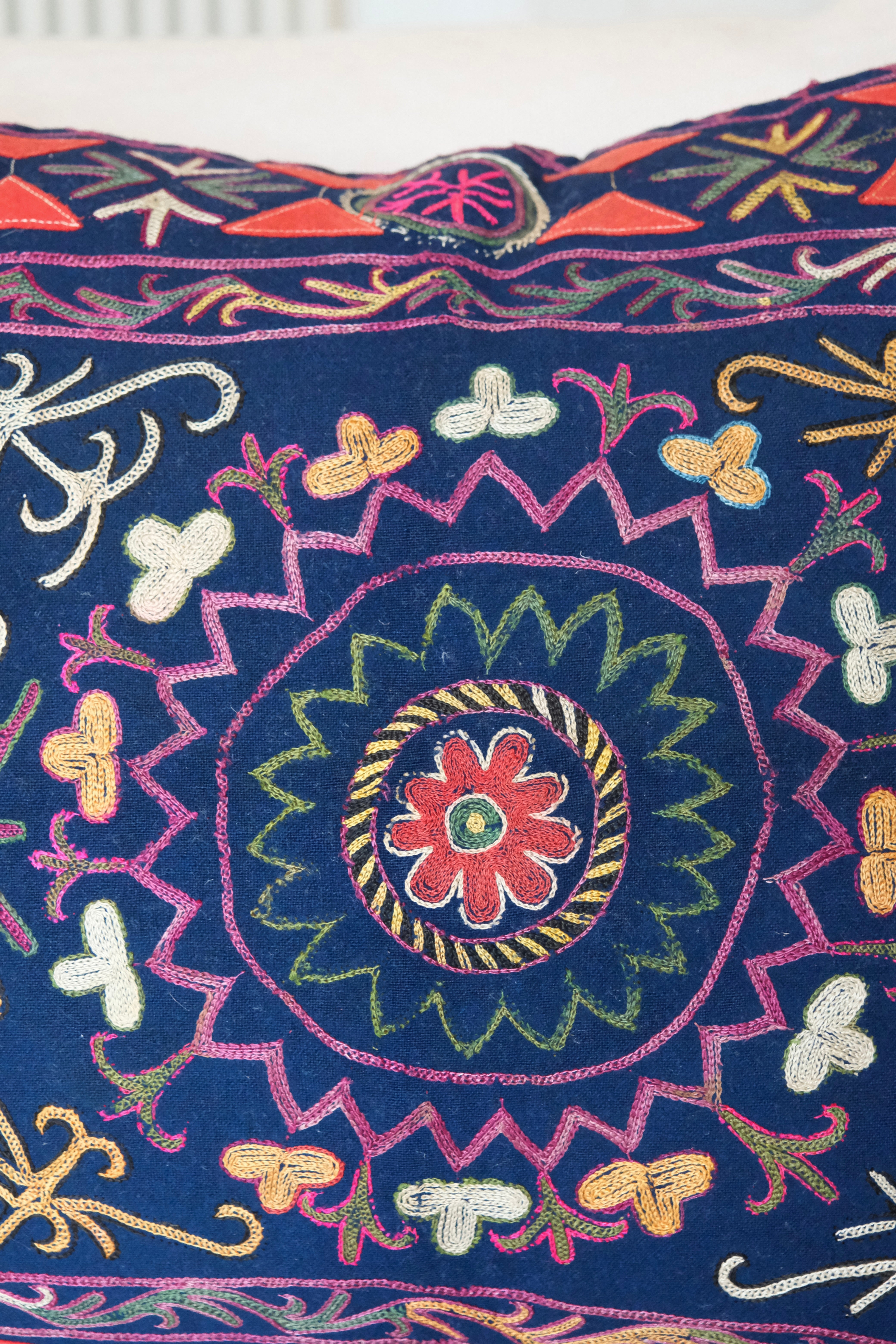 Vintage suzani cushion, blue with colourful pattern