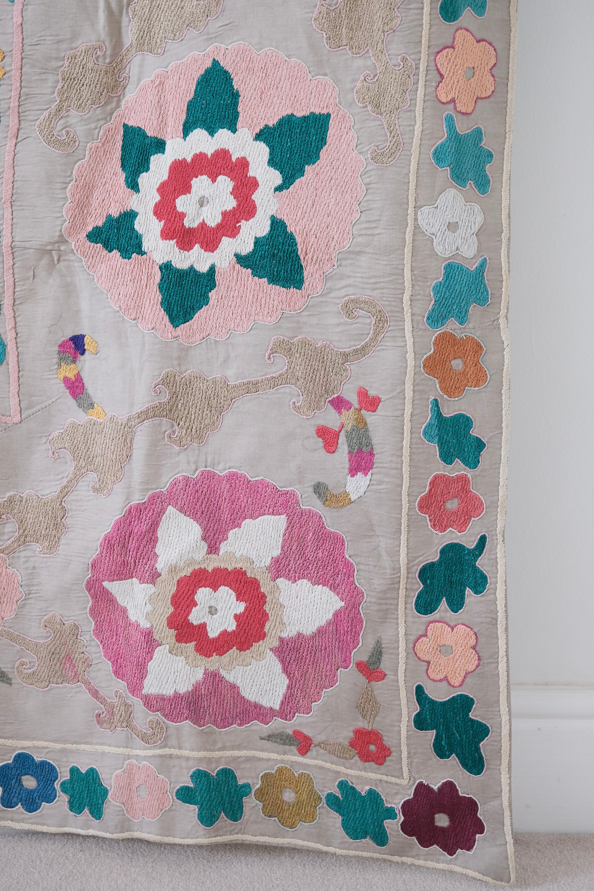 Vintage suzani, colourful bedspread, embroidered textile, cotton back