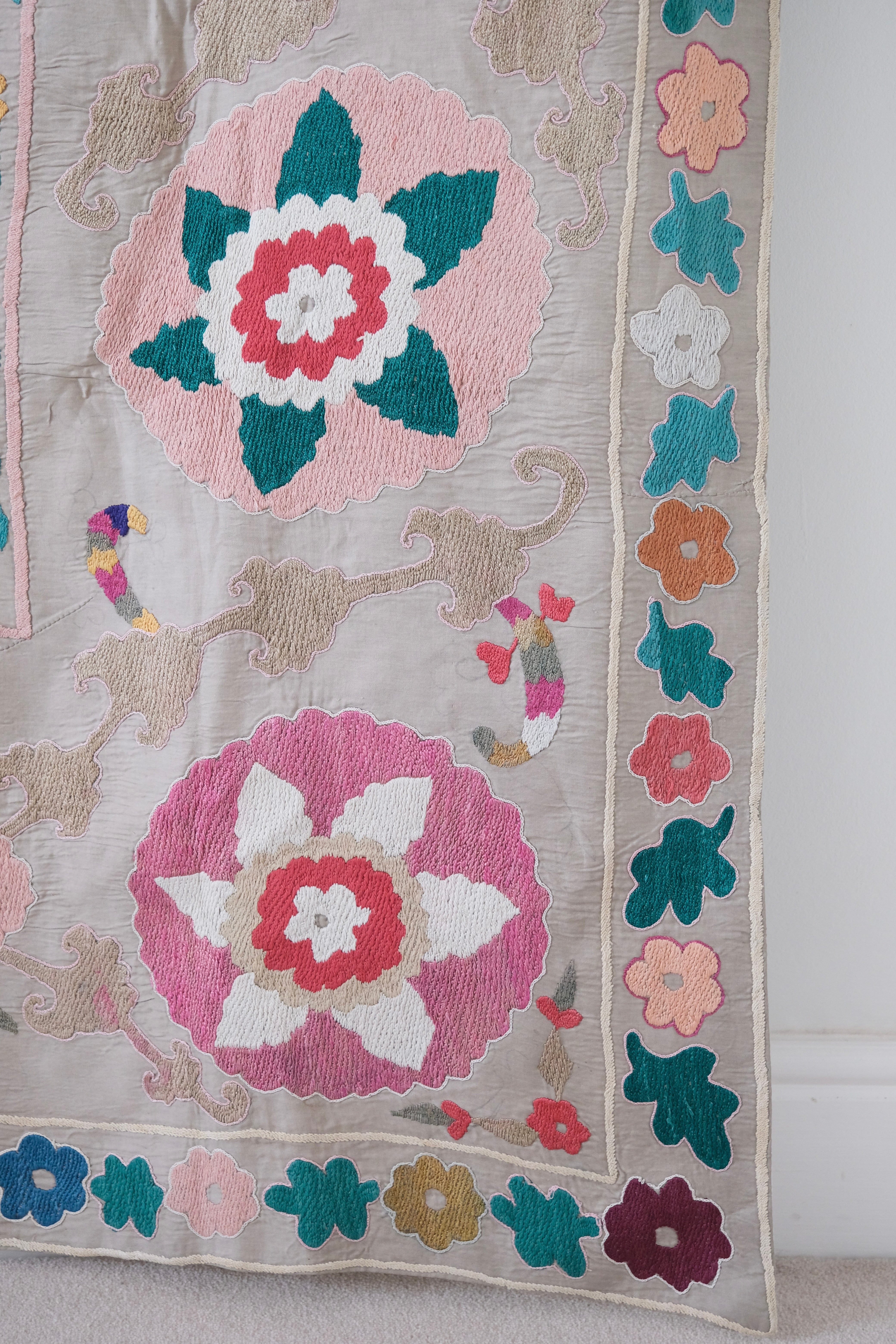 Vintage suzani, colourful bedspread, embroidered textile, cotton back