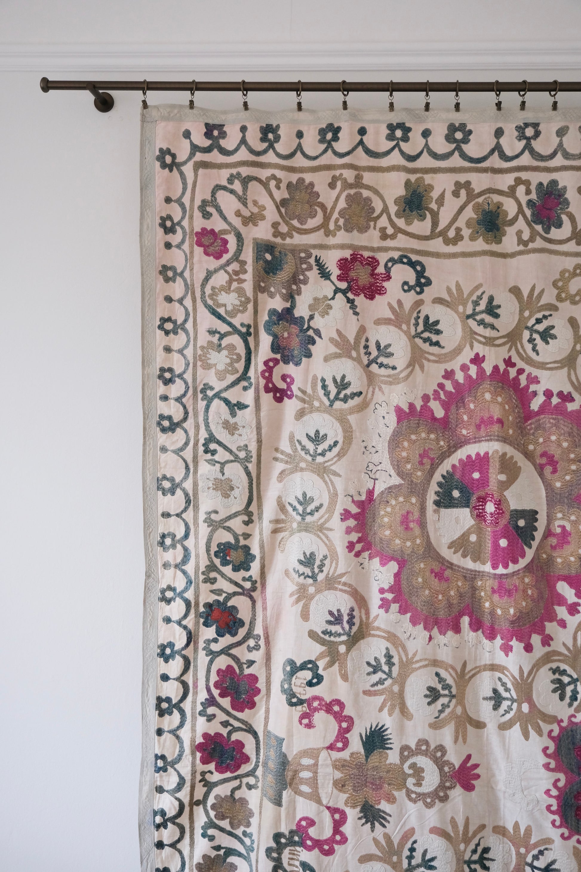 Vintage suzani, embroidered textile and decorative tapestry