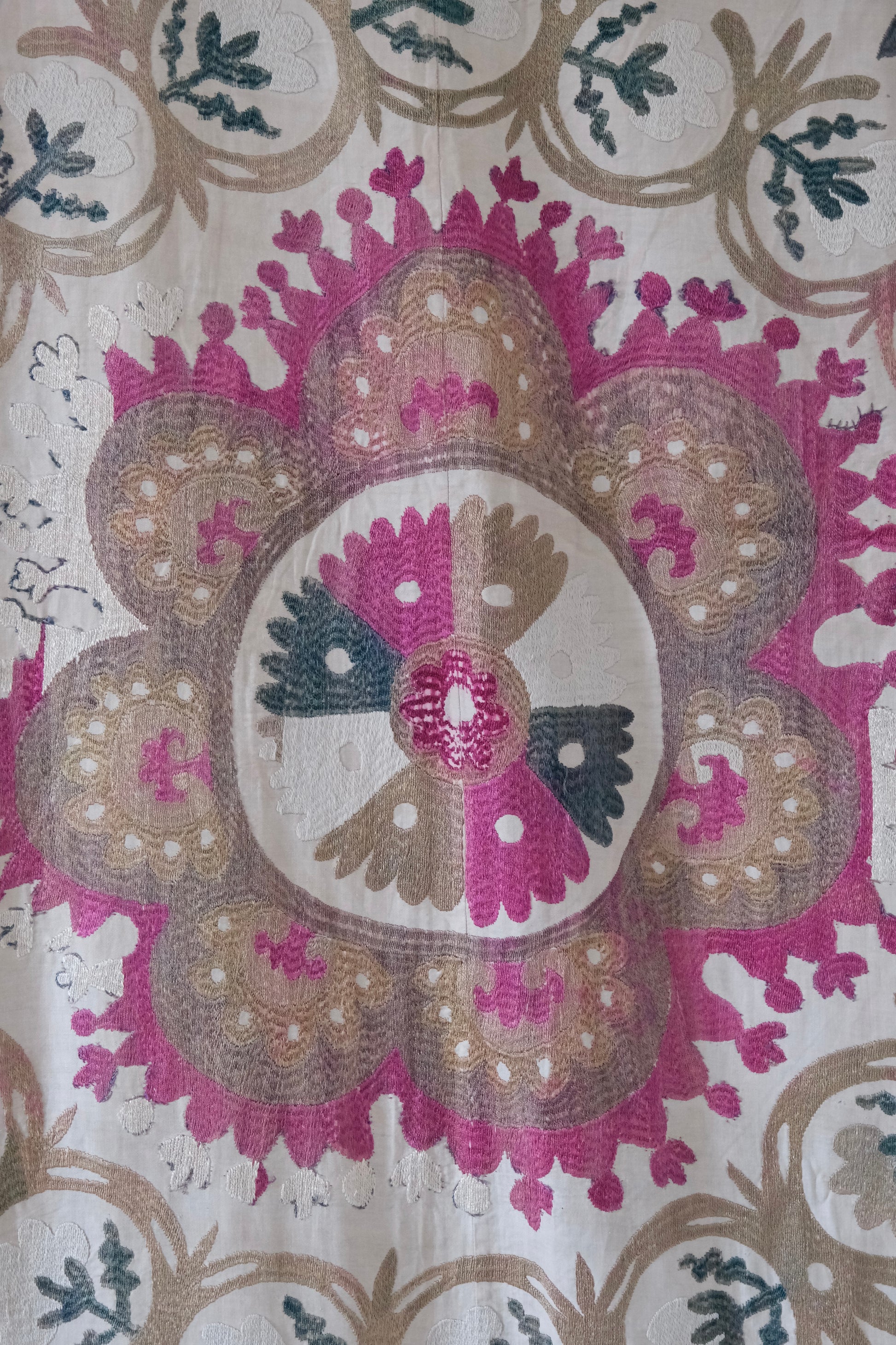 Vintage suzani, embroidered textile and decorative tapestry, close-up