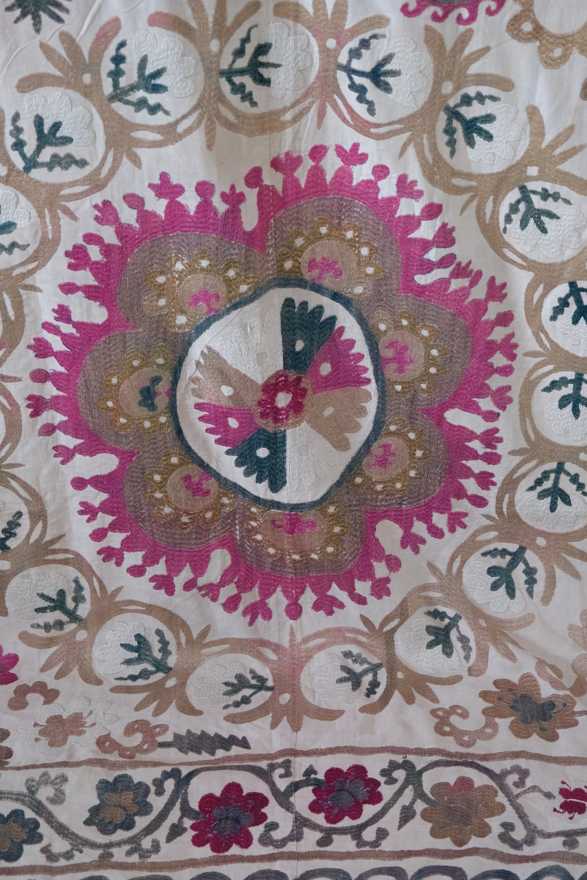 Vintage suzani, embroidered textile and decorative tapestry, close-up