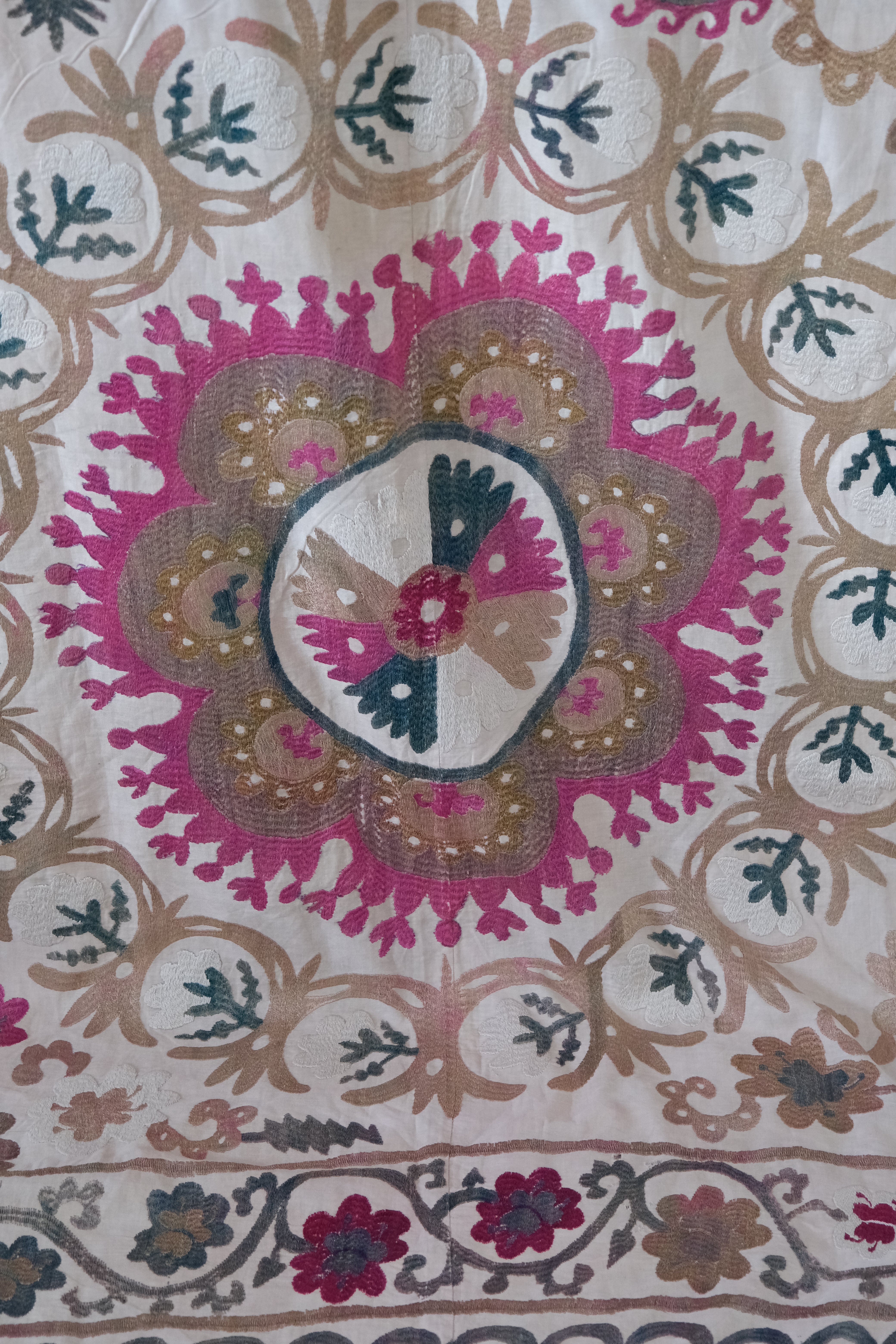 Vintage suzani, embroidered textile and decorative tapestry, close-up