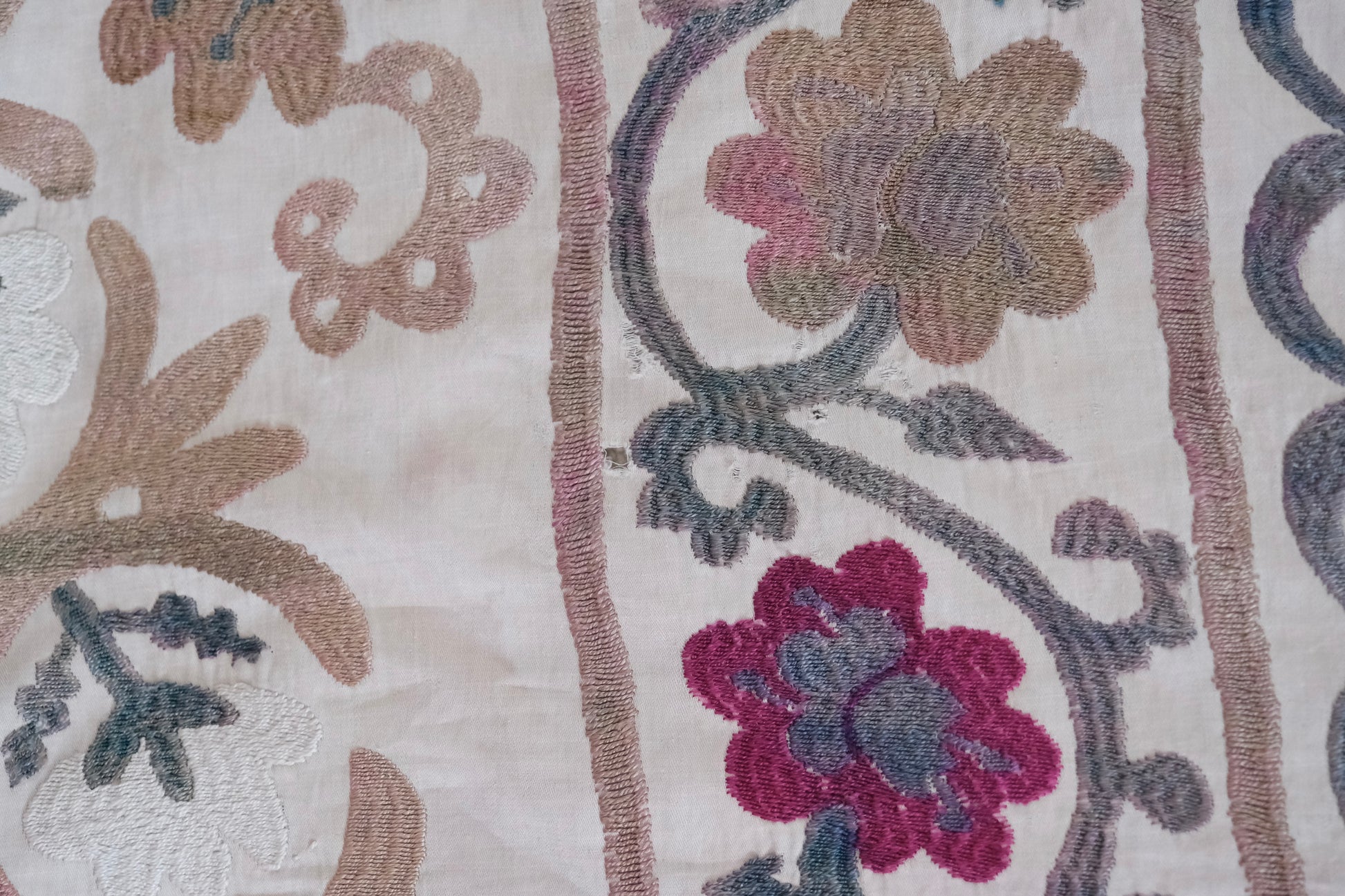 Vintage suzani, embroidered textile and decorative tapestry, close-up
