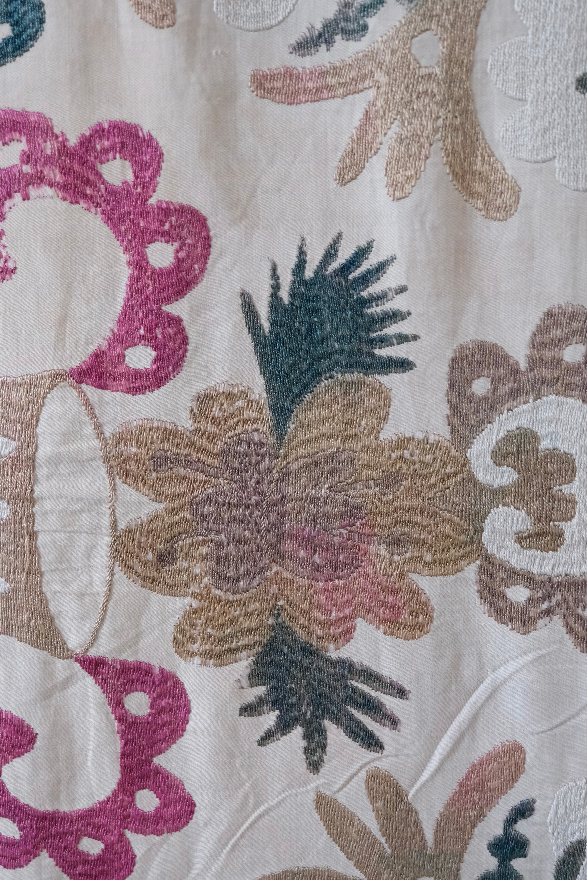 Vintage suzani, embroidered textile and decorative tapestry, close-up