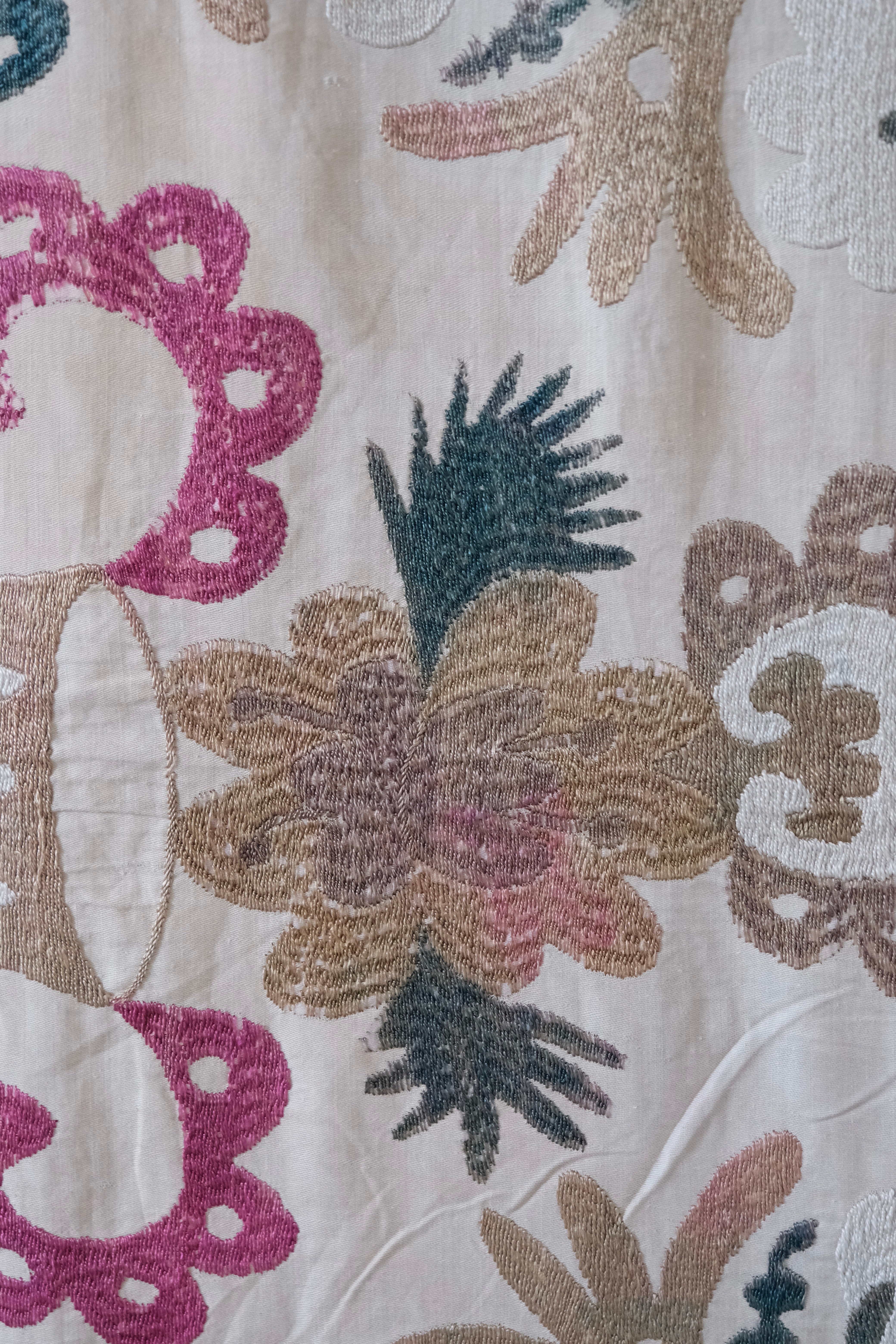 Vintage suzani, embroidered textile and decorative tapestry, close-up