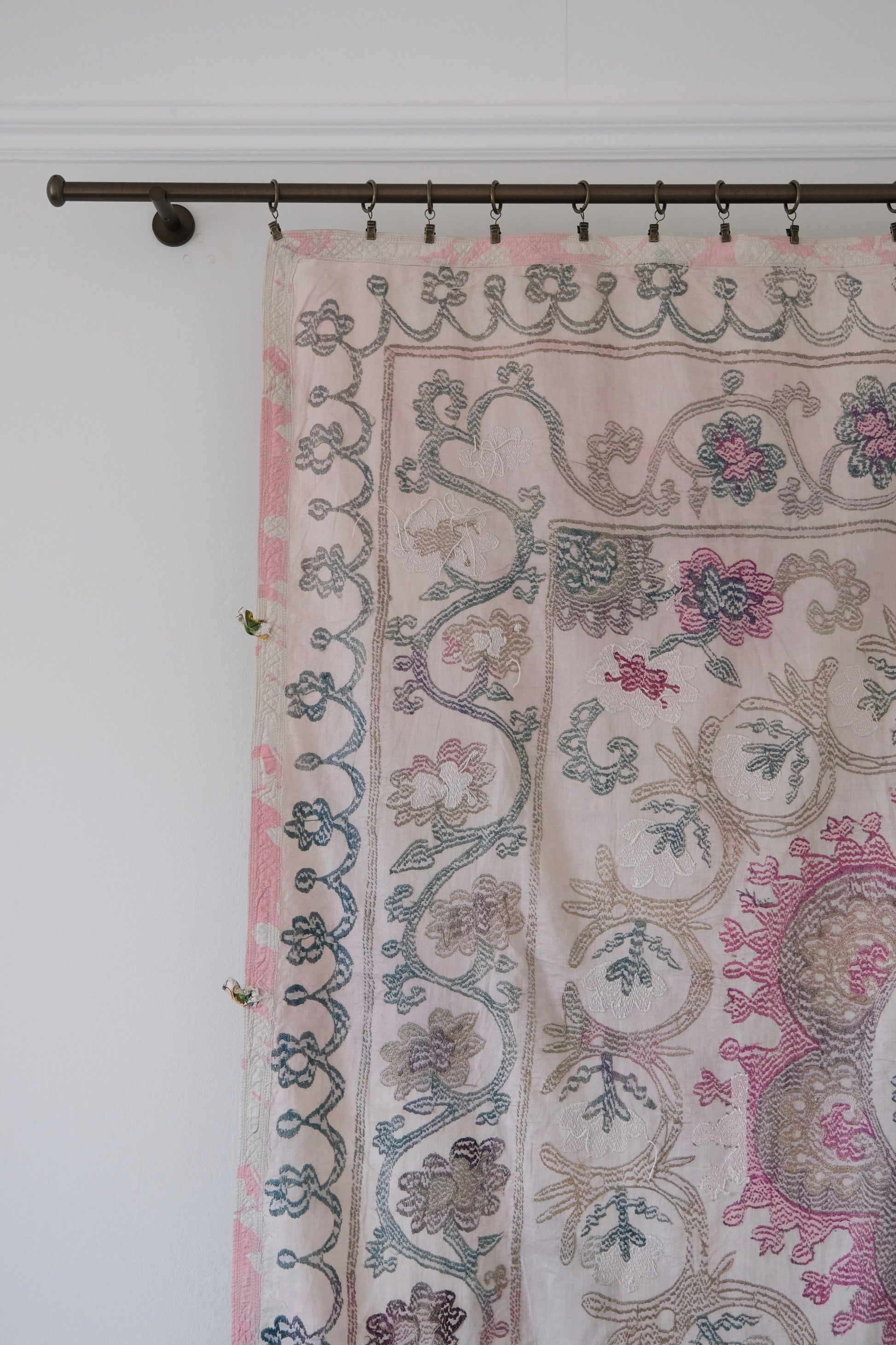 Vintage suzani, embroidered textile and decorative tapestry, backside