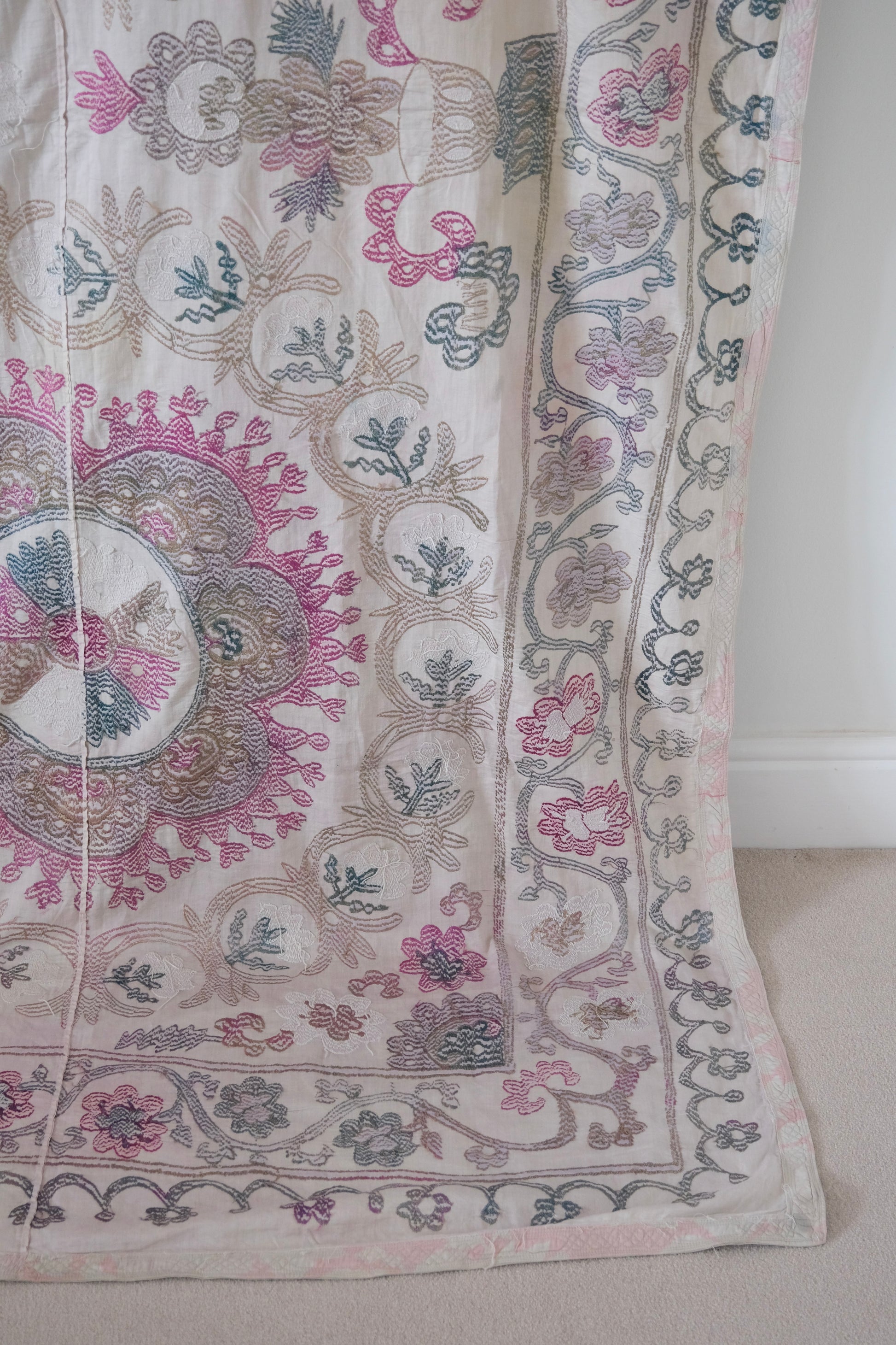 Vintage suzani, embroidered textile and decorative tapestry, backside