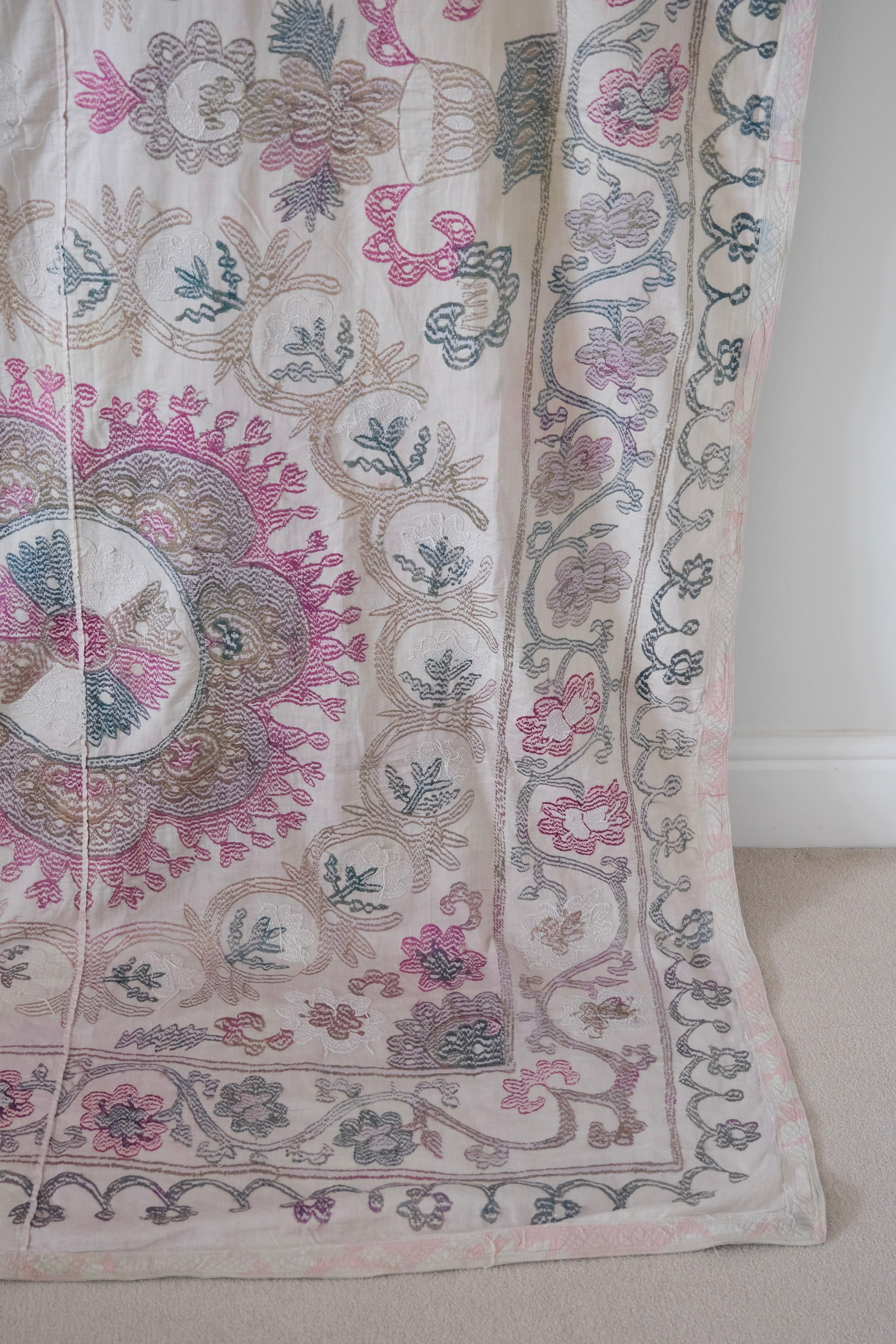 Vintage suzani, embroidered textile and decorative tapestry, backside