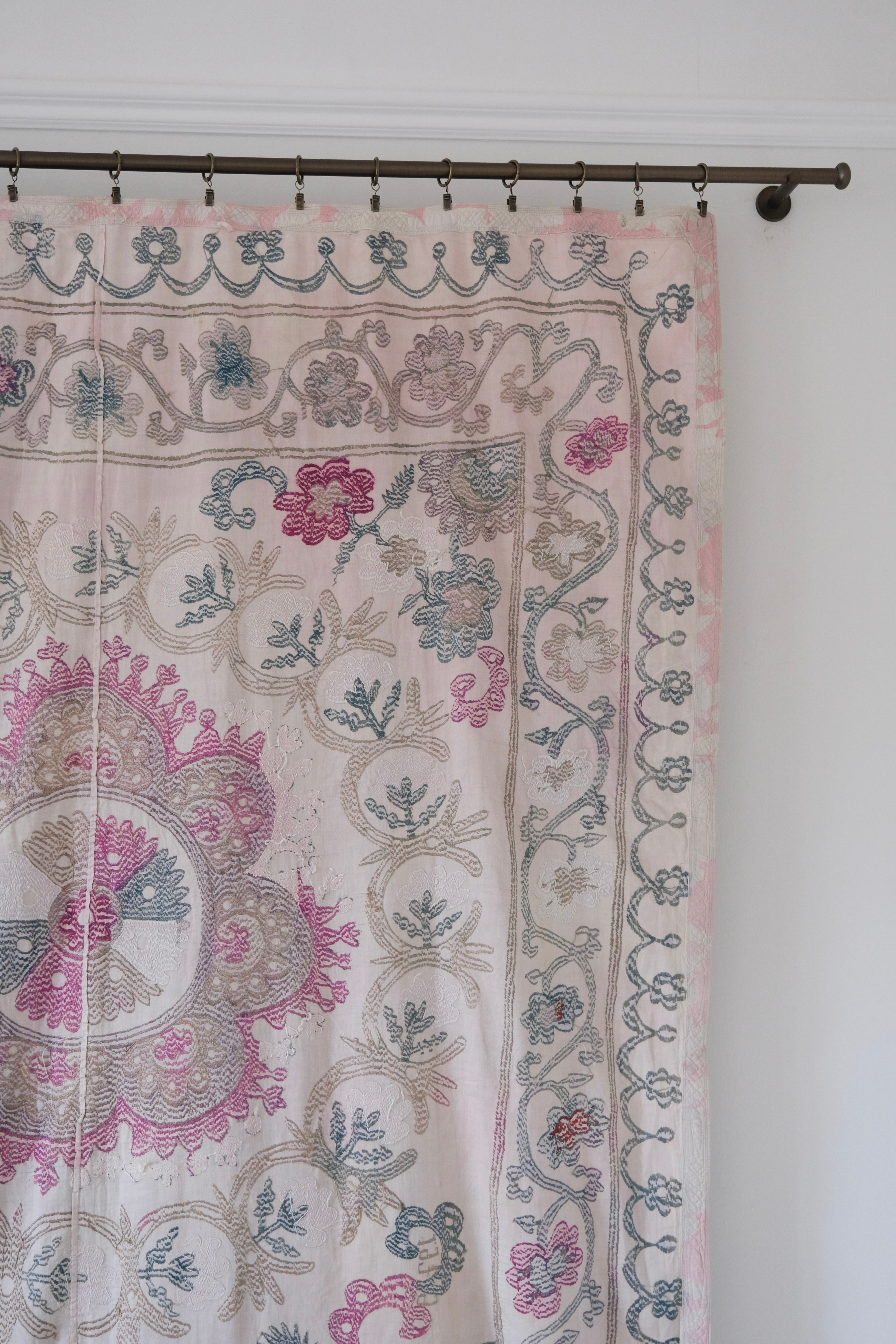 Vintage suzani, embroidered textile and decorative tapestry, backside