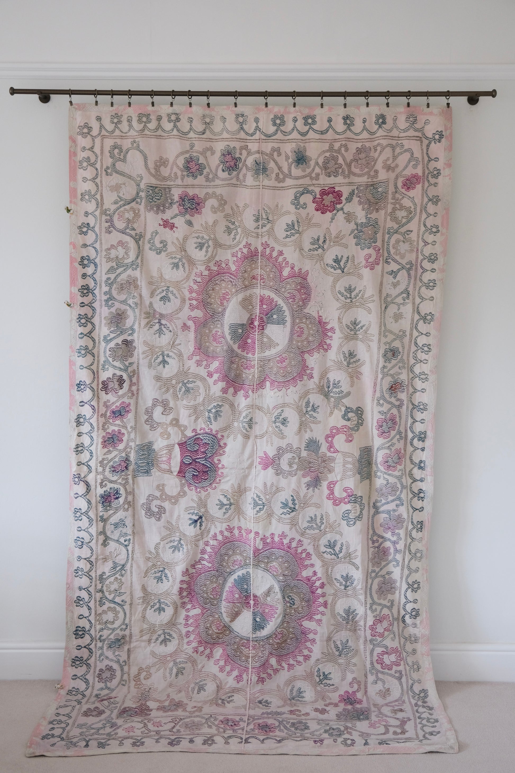 Vintage suzani, embroidered textile and decorative tapestry, backside