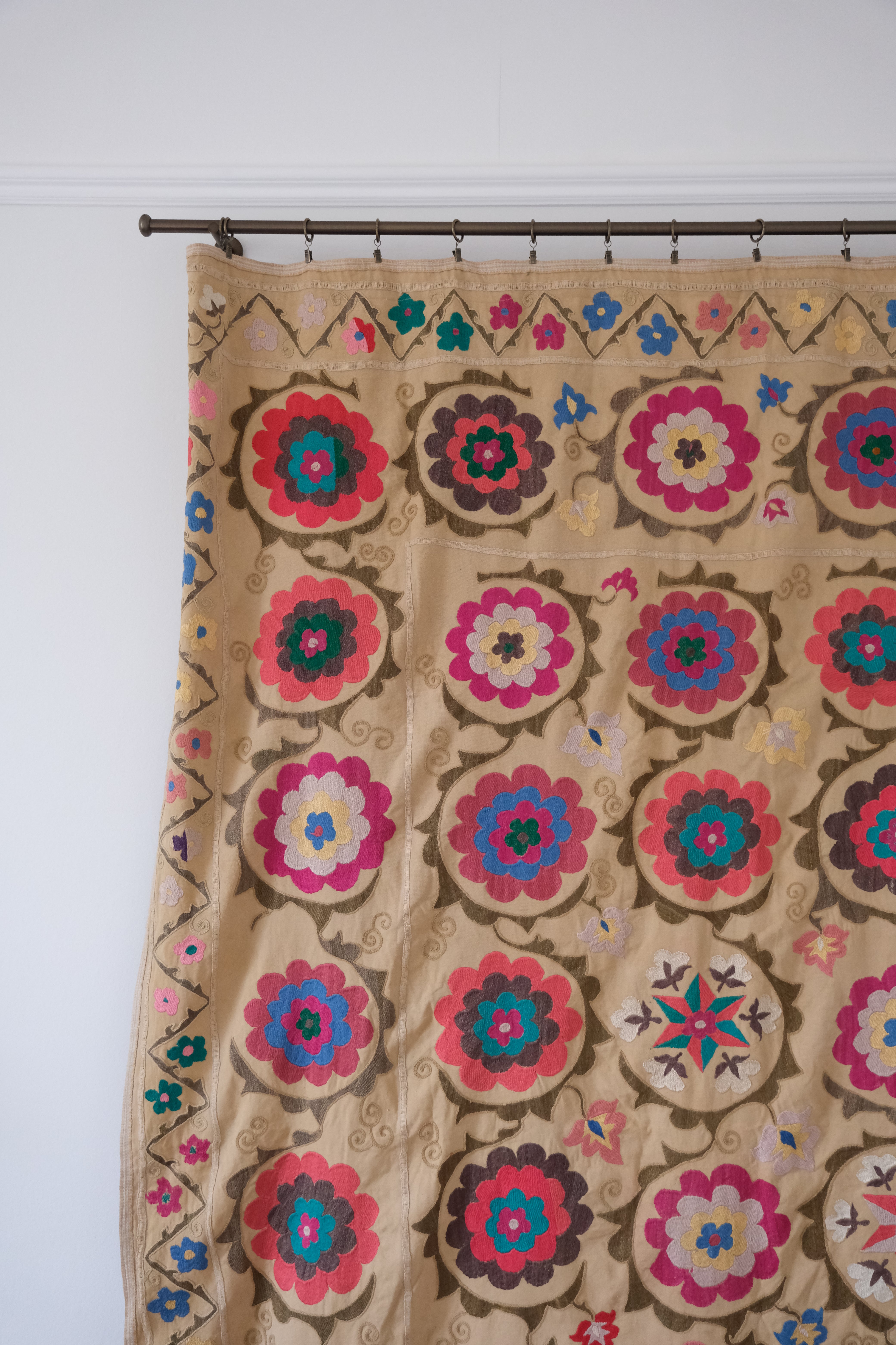 Vintage suzani, embroidered textile and decorative tapestry, large floral design