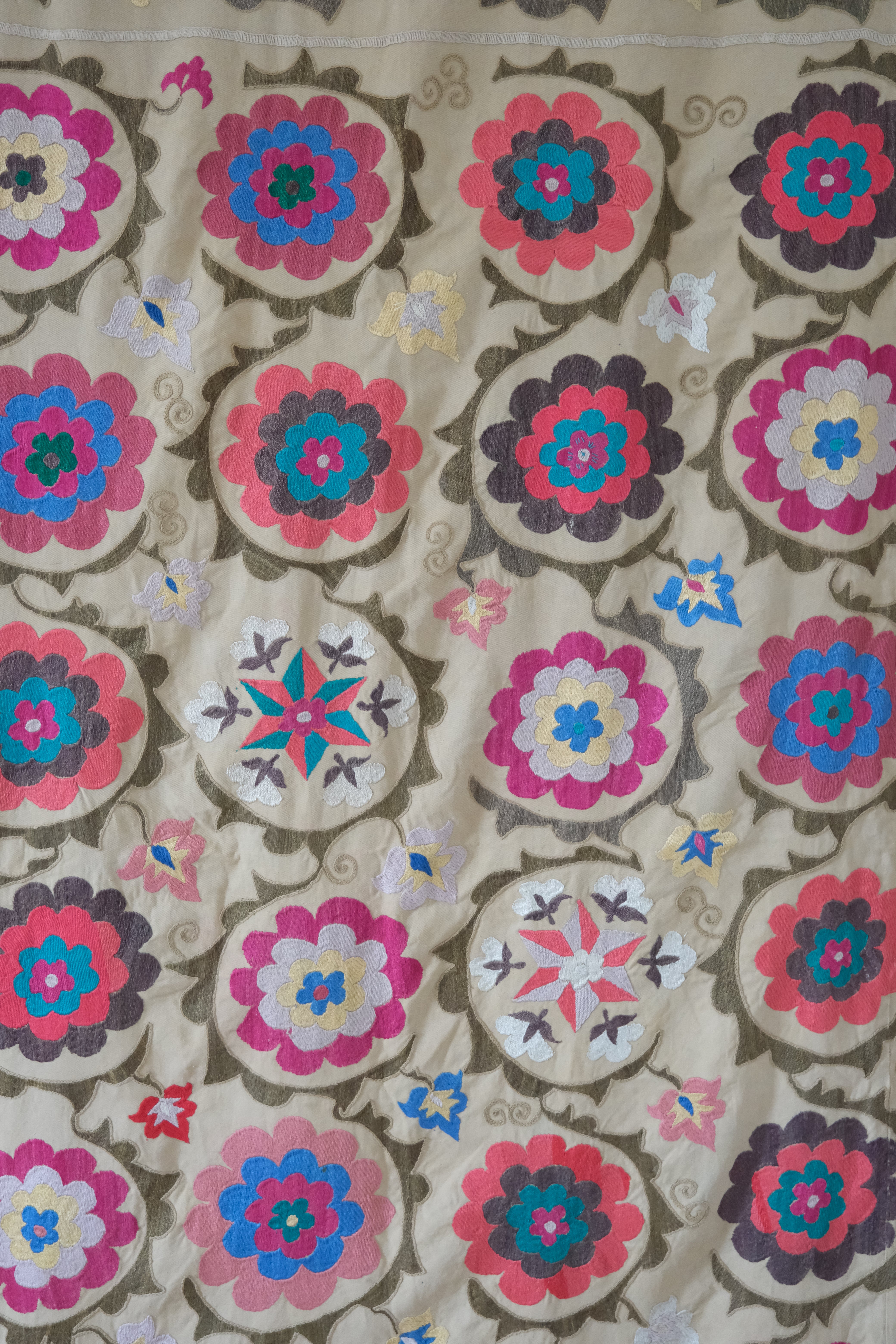 Vintage suzani, embroidered textile and decorative tapestry, large floral design, close-up