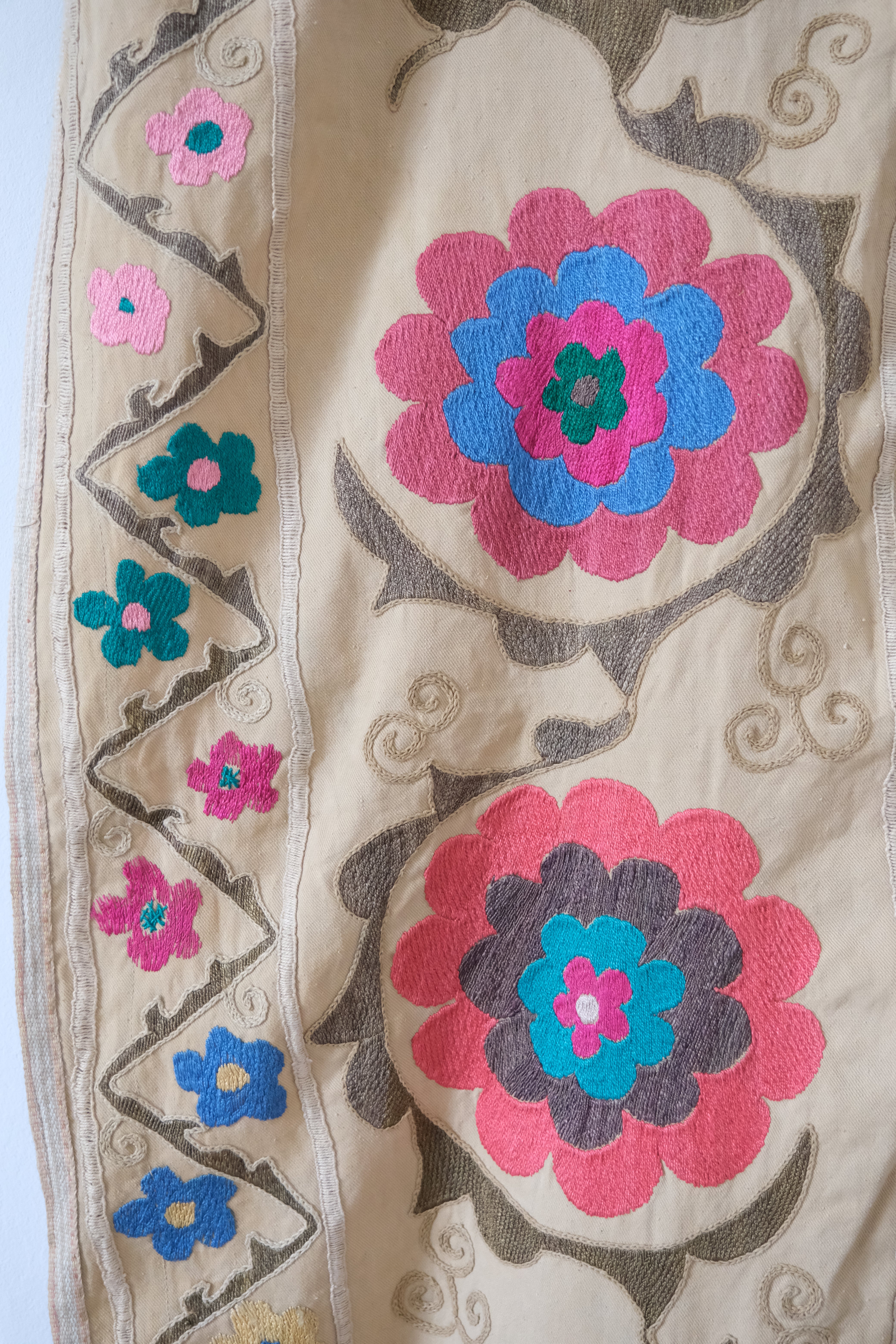 Vintage suzani, embroidered textile and decorative tapestry, large floral design, close-up