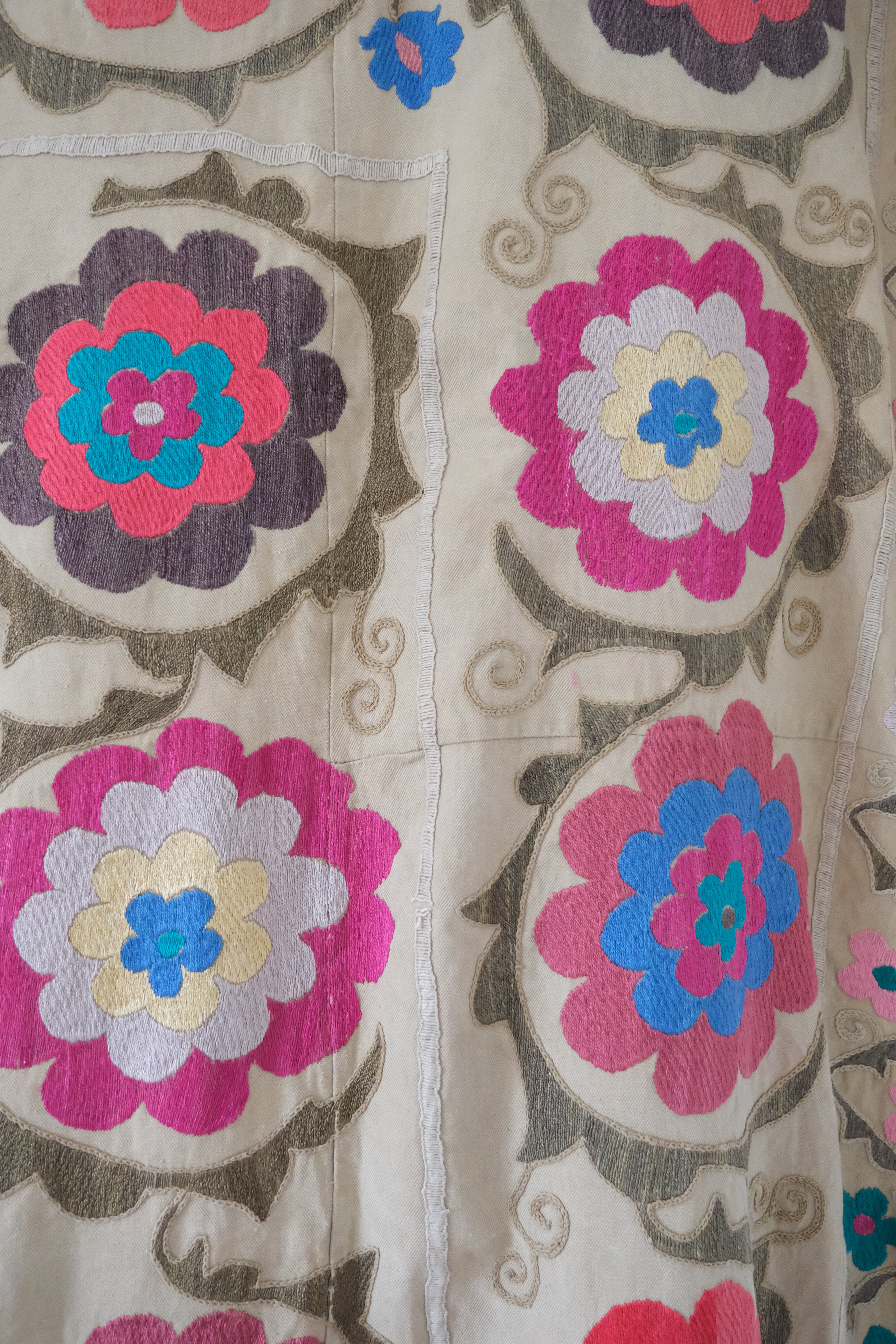 Vintage suzani, embroidered textile and decorative tapestry, large floral design, close-up