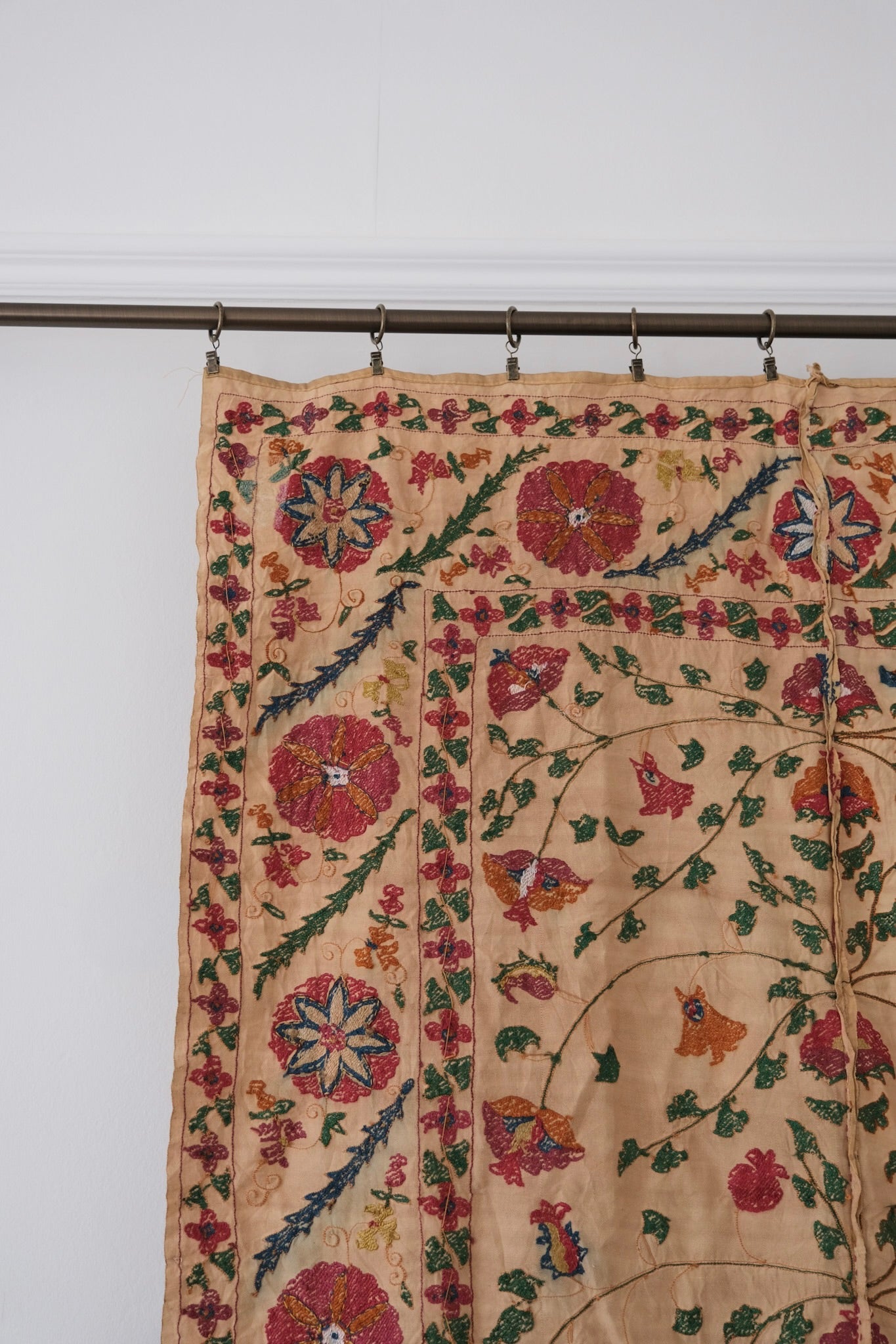 Antique suzani wallhanging, embroidered antique textile, camel with pink florals, backside