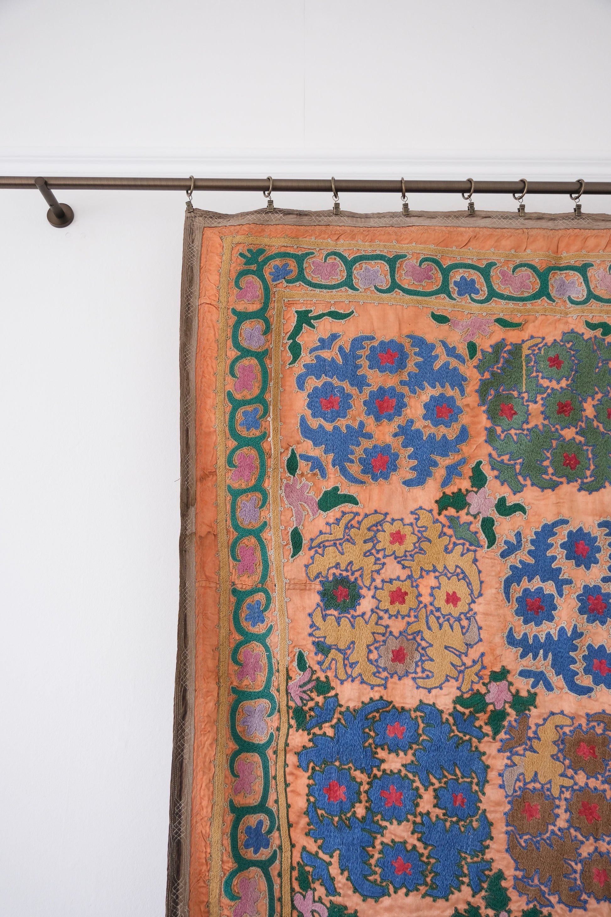 Vintage suzani, silk embroidered textile, orange and floral design