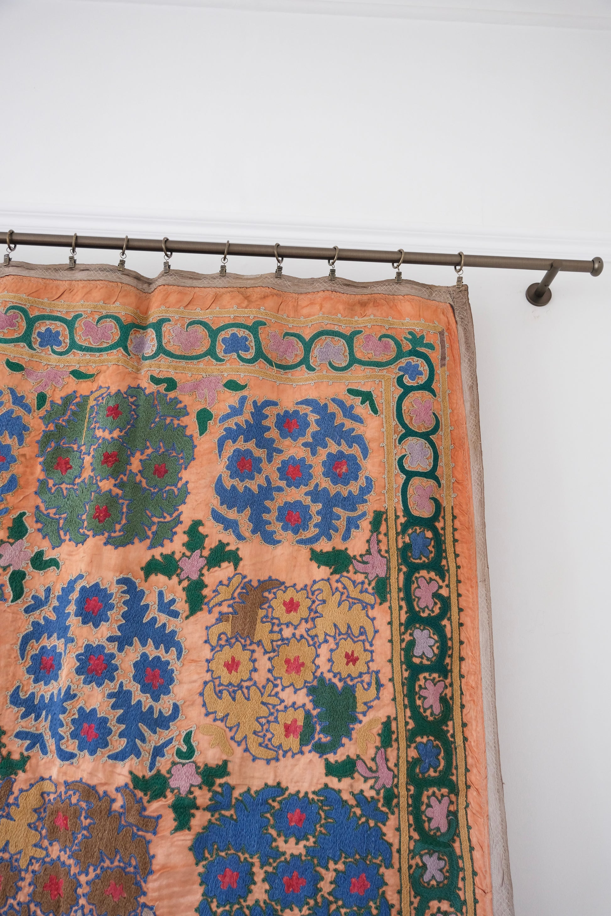 Vintage suzani, silk embroidered textile, orange and floral design