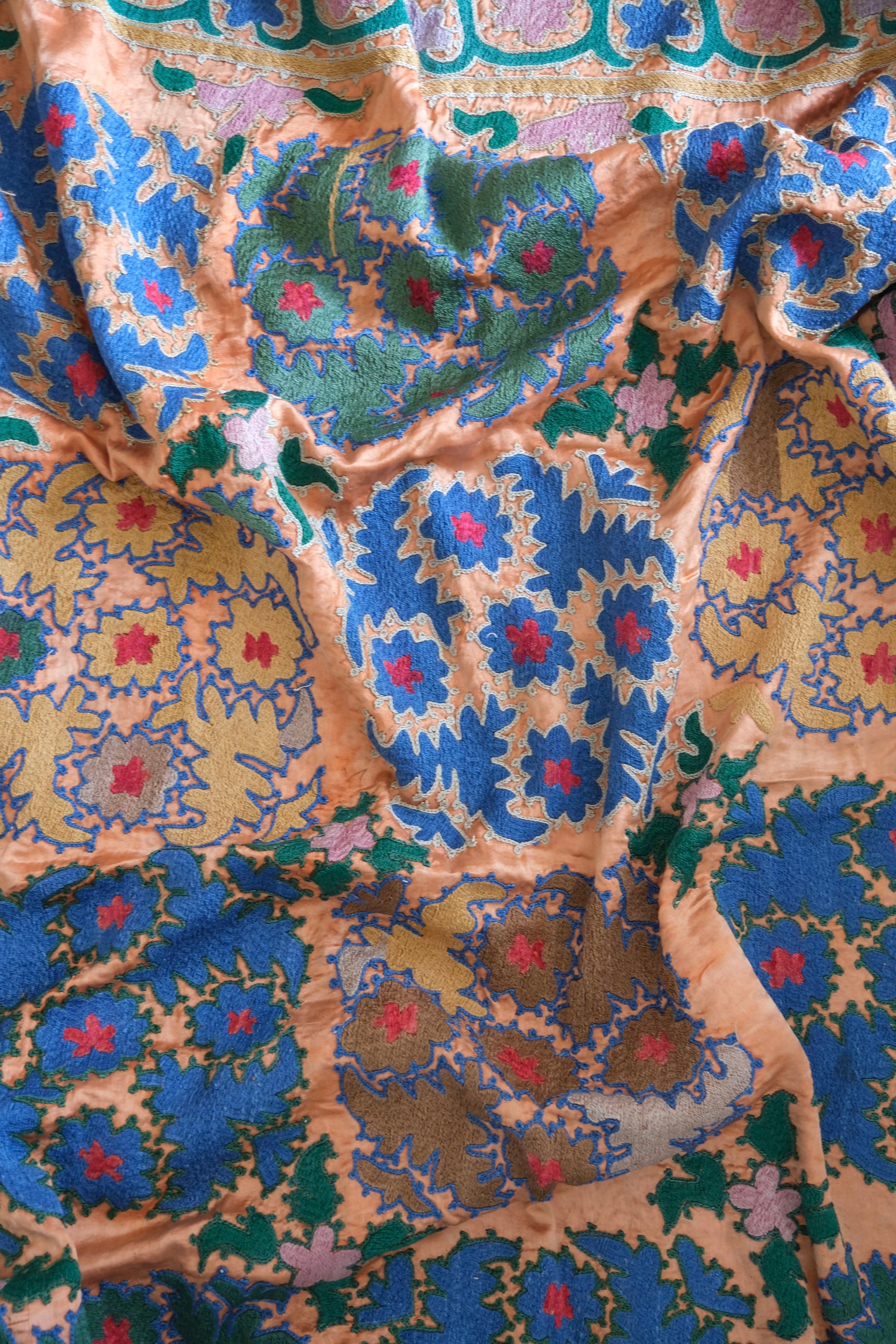 Vintage suzani, silk embroidered textile, orange and floral design