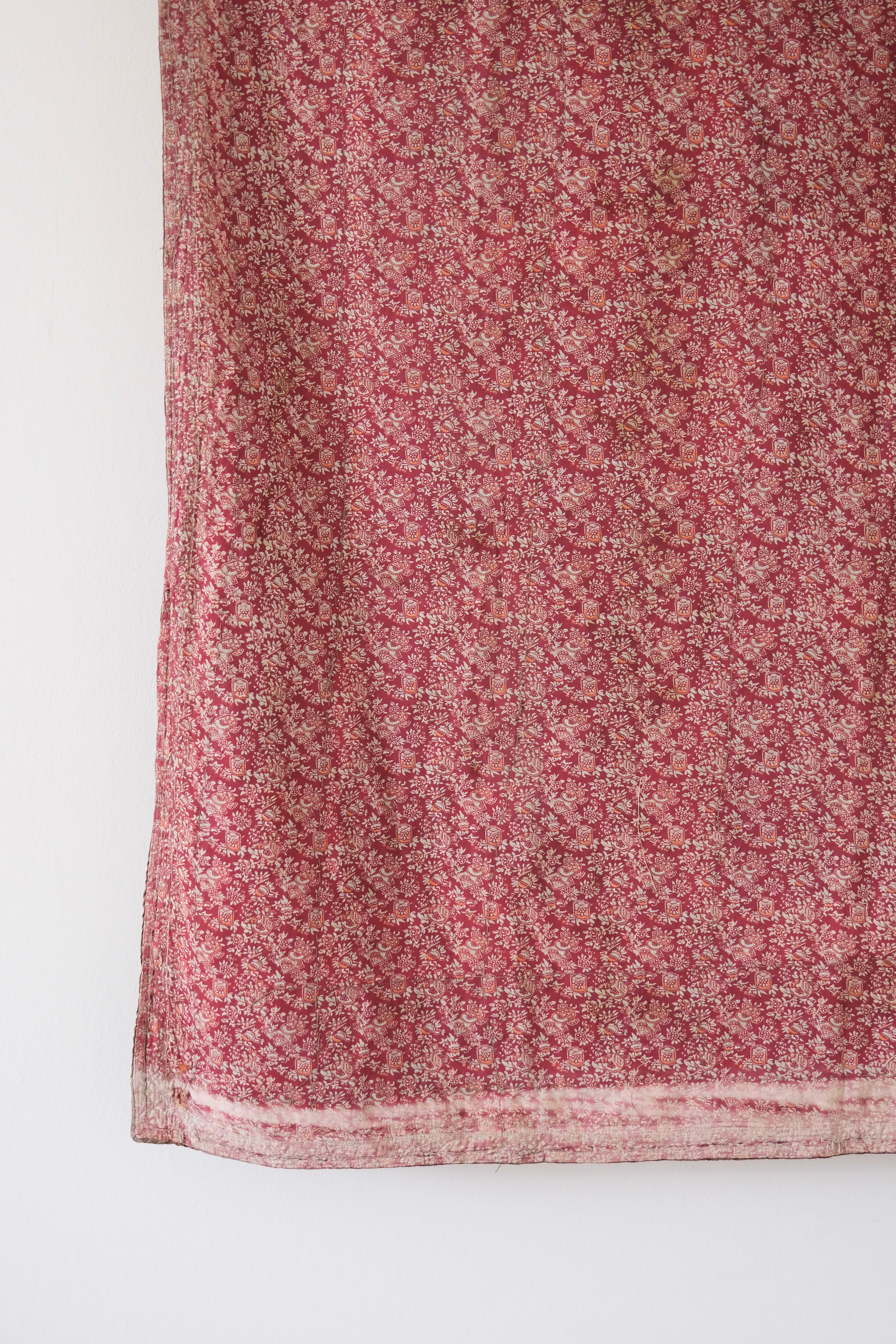 Vintage suzani, silk embroidered textile, orange and floral design, backside
