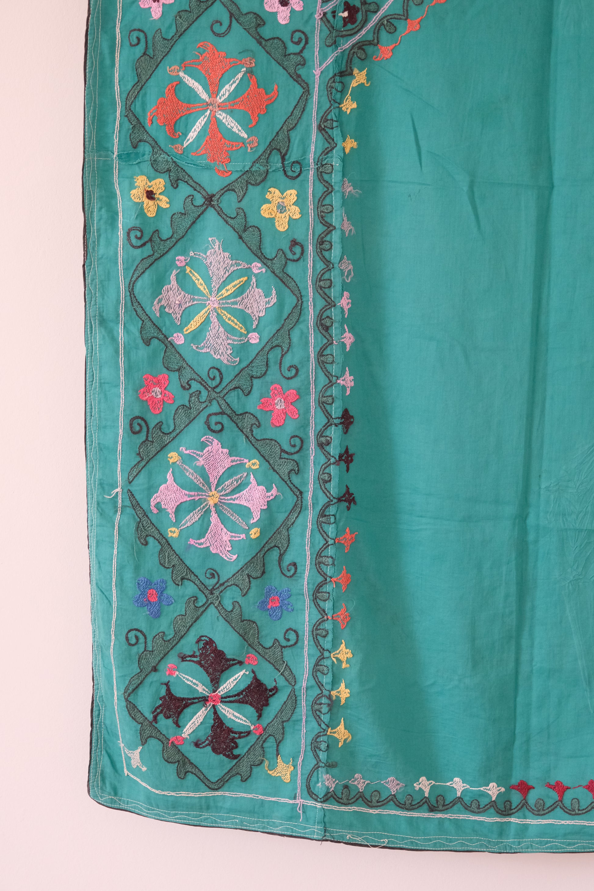 Vintage suzani, colourful embroidered textile, turquoise with flowers, backside
