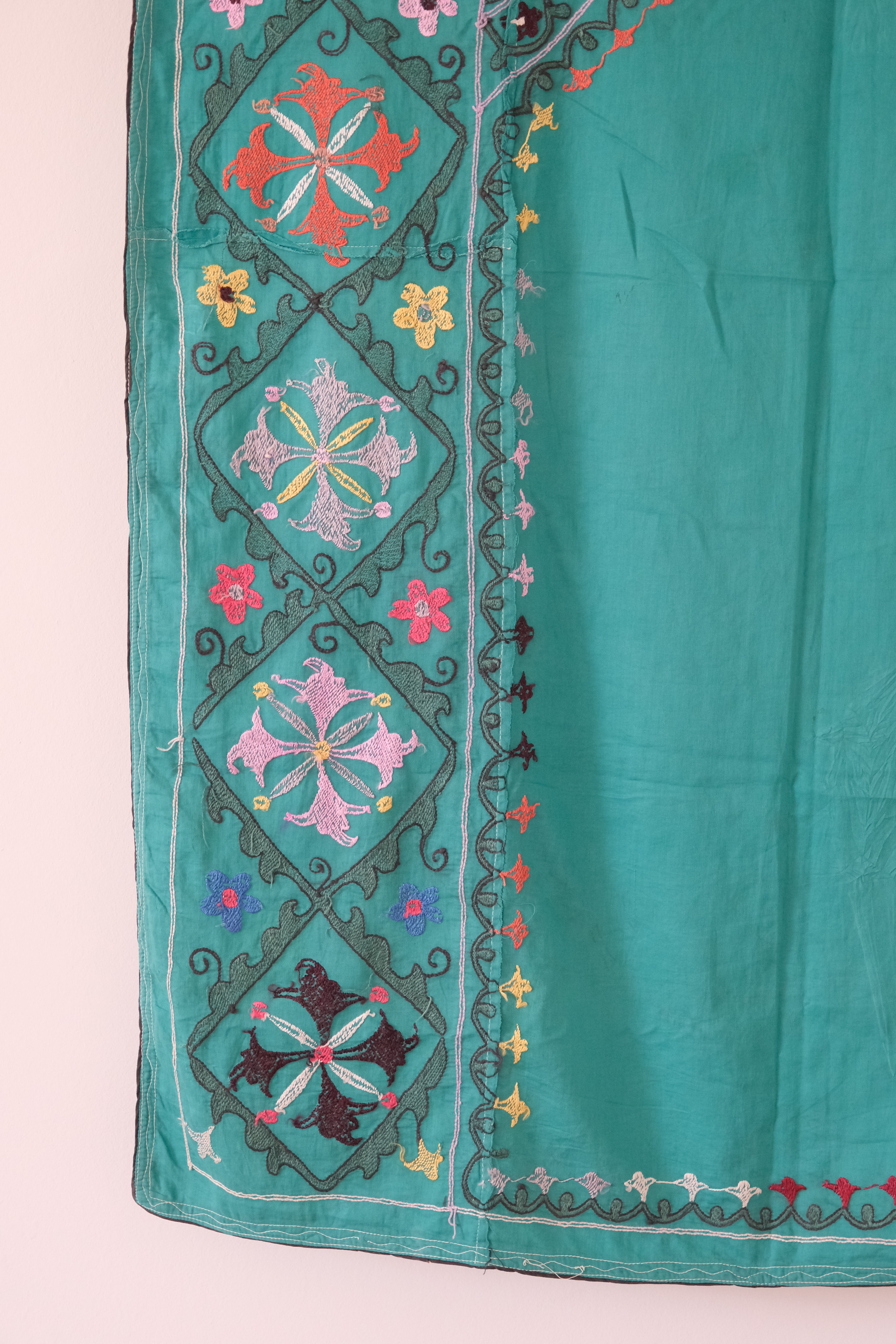 Vintage suzani, colourful embroidered textile, turquoise with flowers, backside