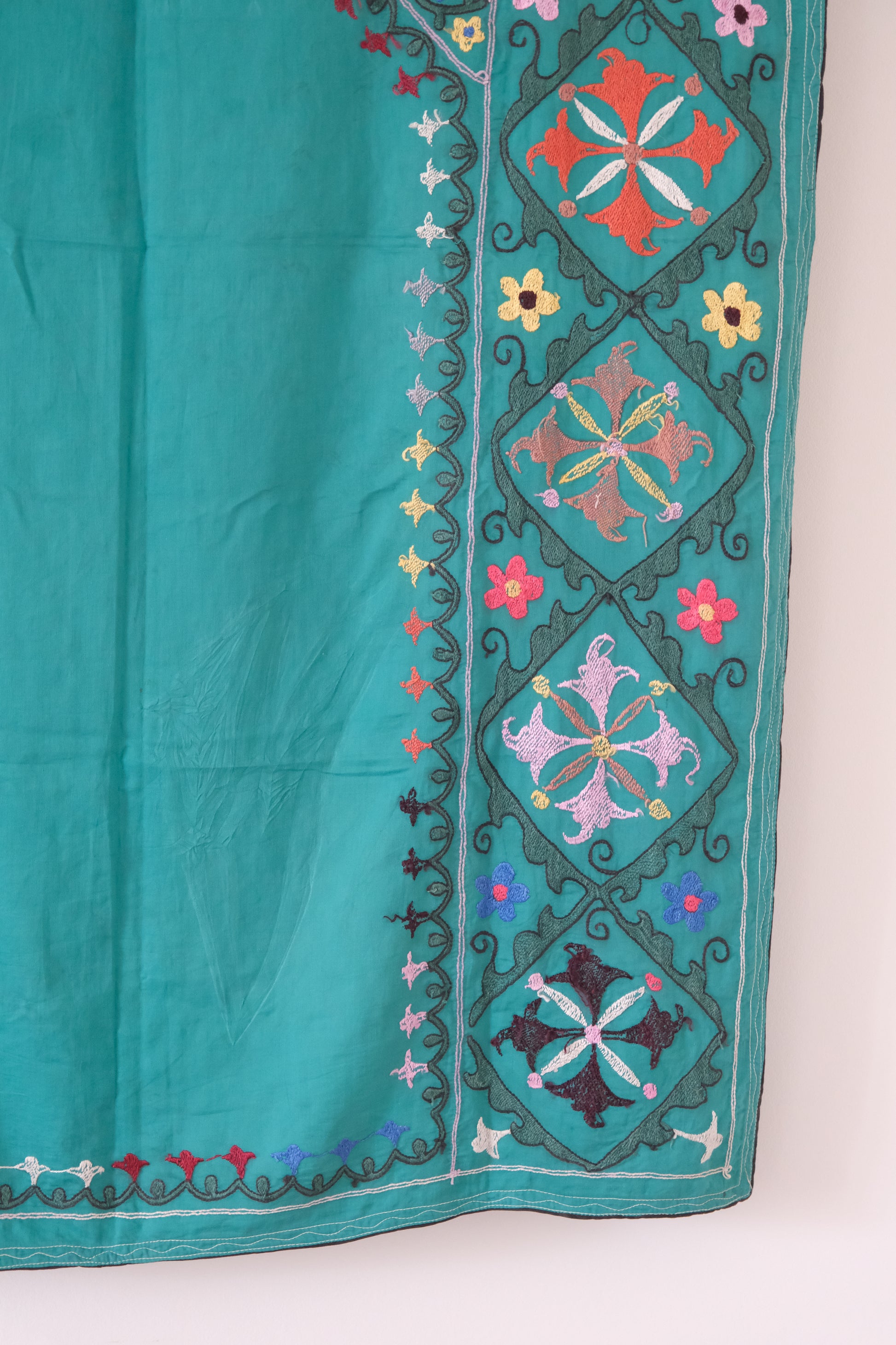 Vintage suzani, colourful embroidered textile, turquoise with flowers, backside