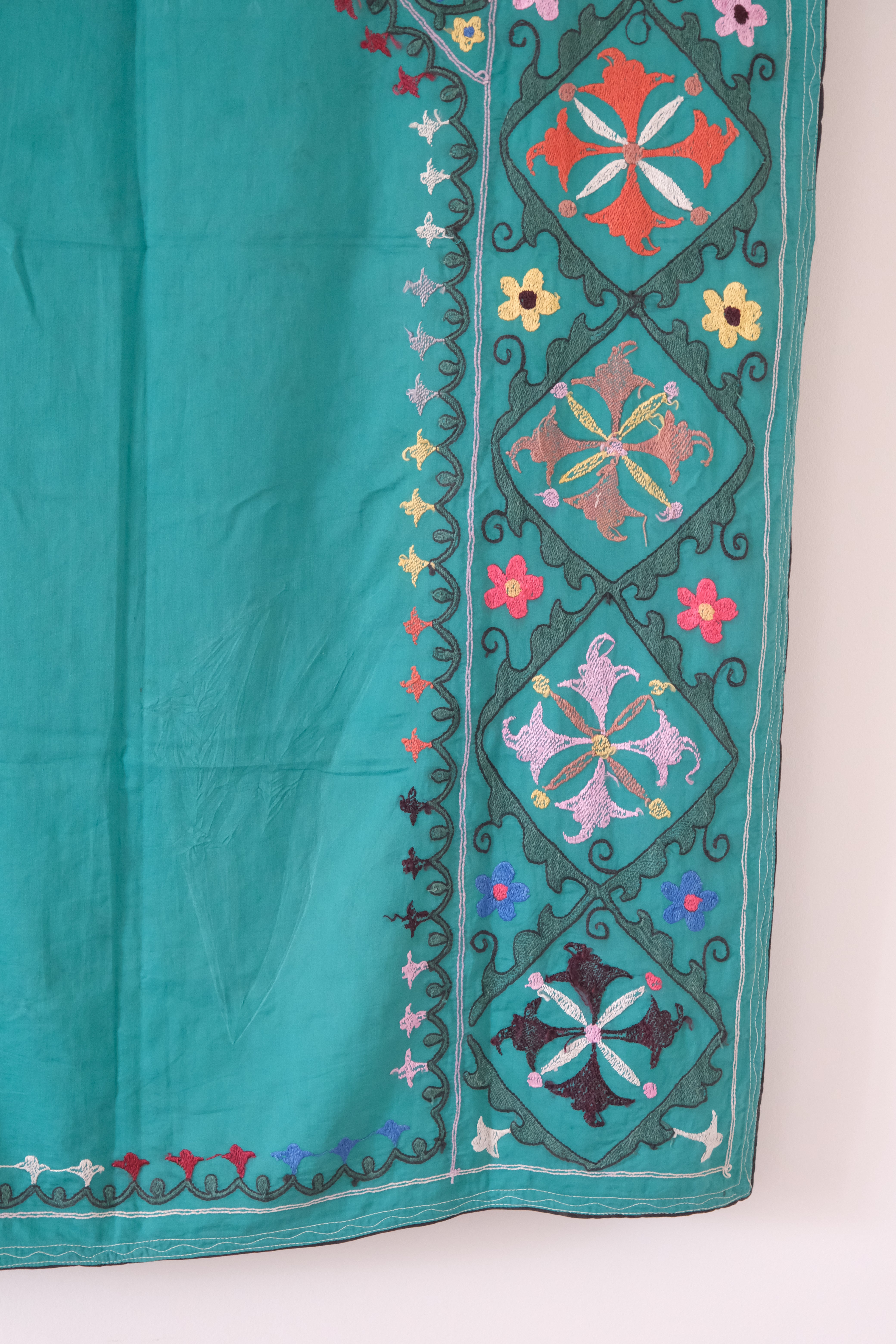 Vintage suzani, colourful embroidered textile, turquoise with flowers, backside