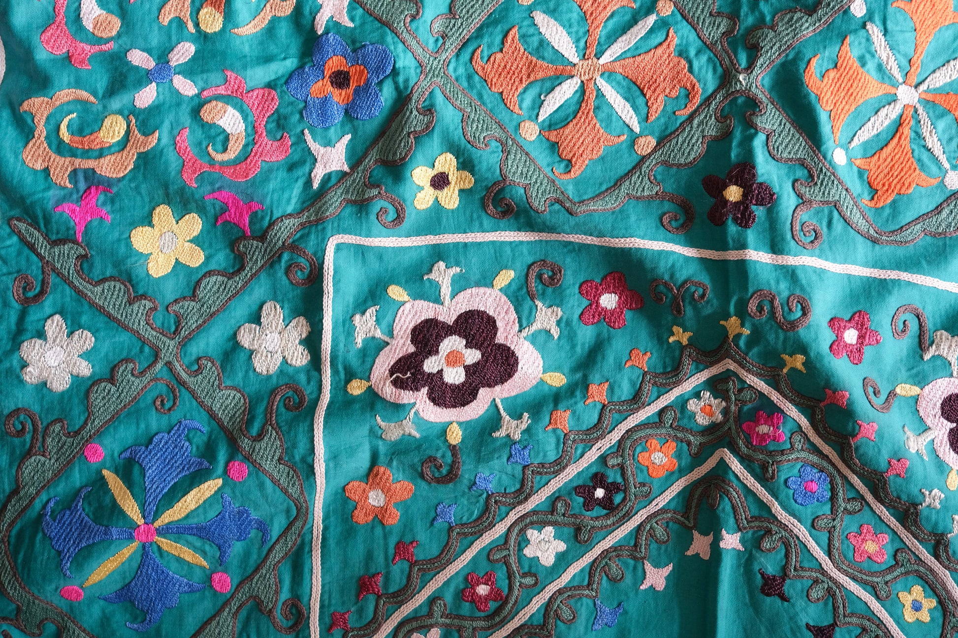 Vintage suzani, colourful embroidered textile, turquoise with flowers, close-up