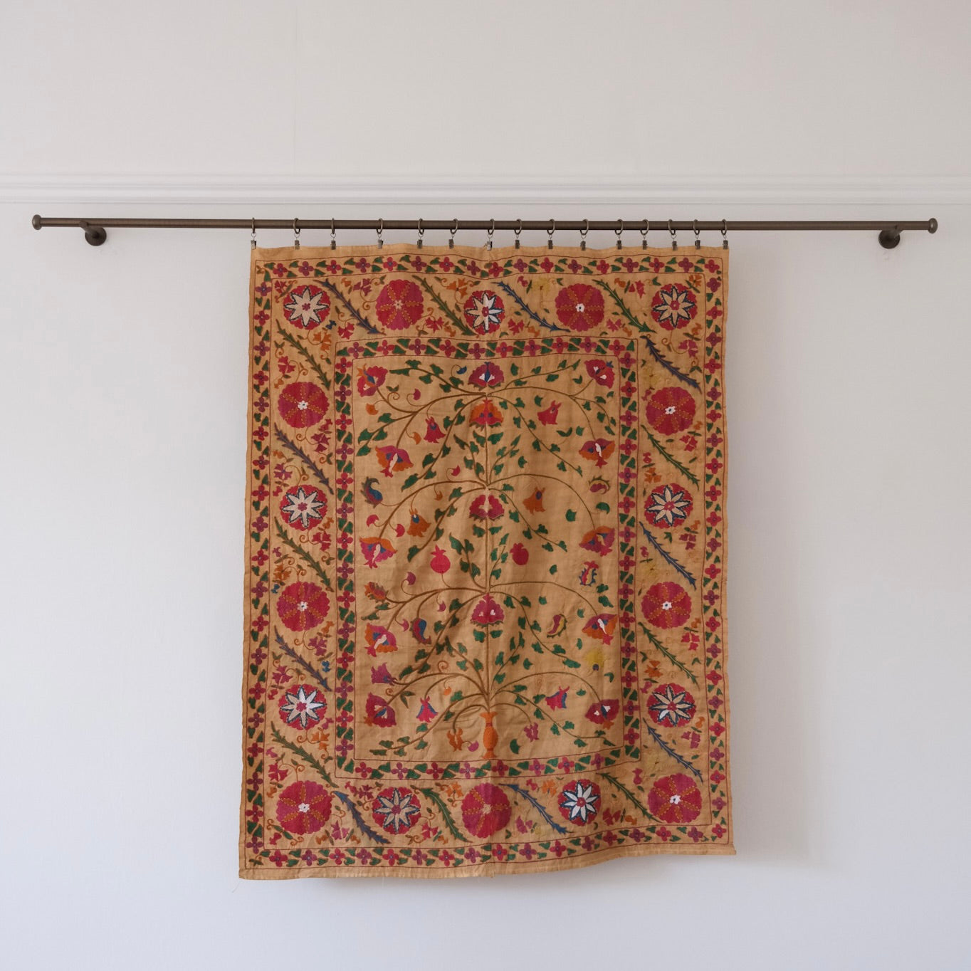 Antique suzani wallhanging, embroidered antique textile, camel with pink florals