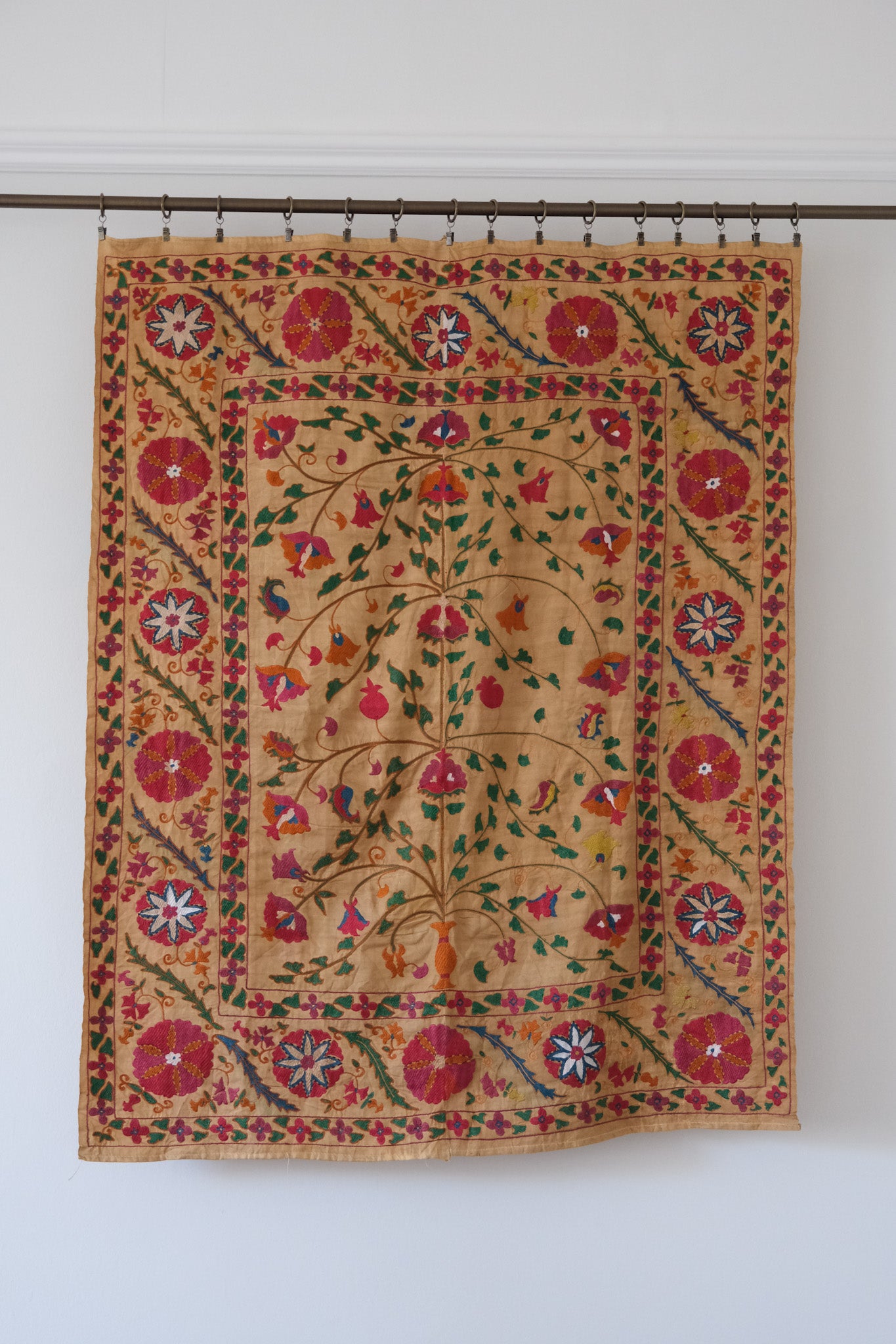 Antique suzani wallhanging, embroidered antique textile, camel with pink florals