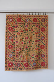 Antique suzani wallhanging, embroidered antique textile, camel with pink florals