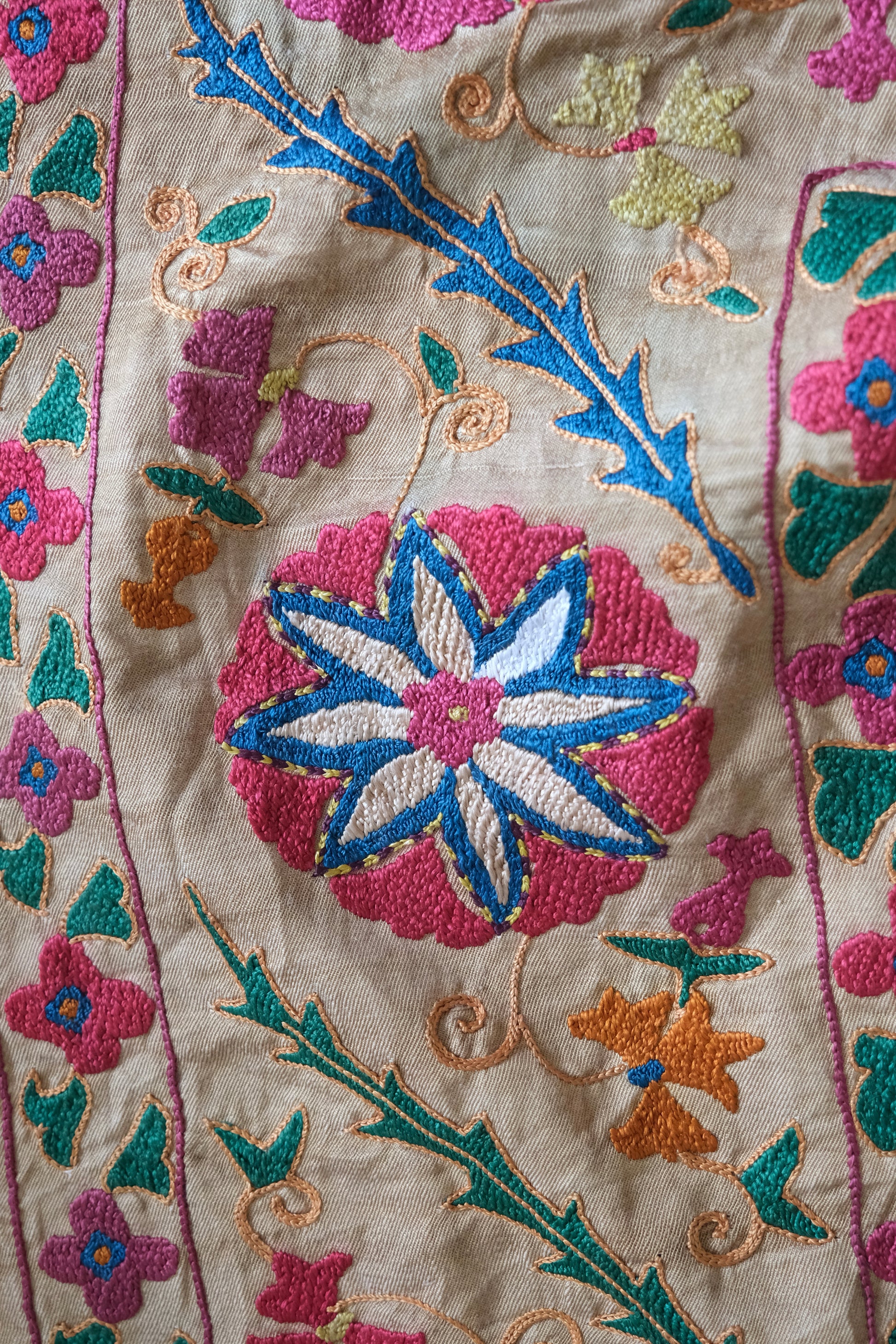 Antique suzani wallhanging, embroidered antique textile, camel with pink florals, close-up