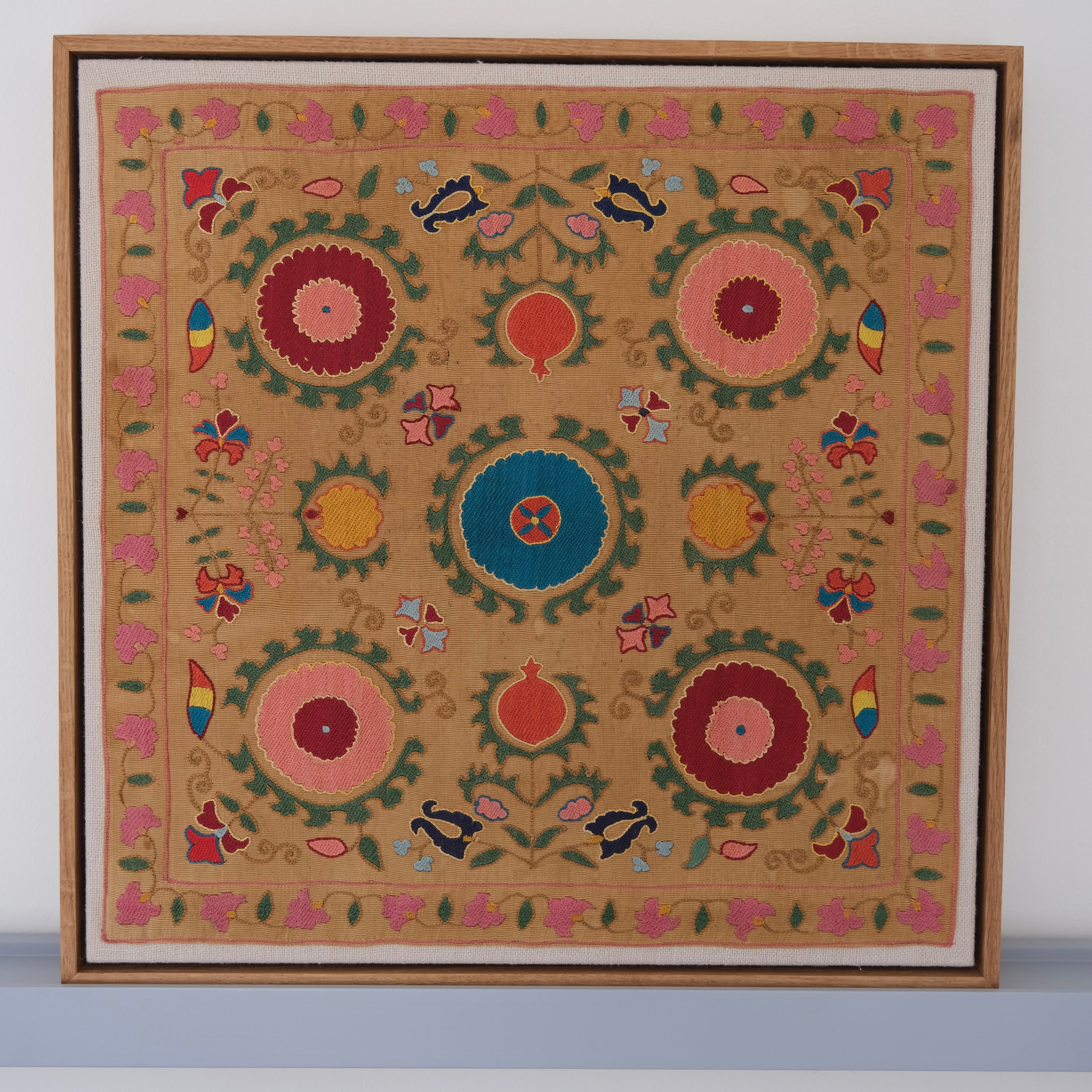 Framed antique suzani, framed textile, embroidered textile art, wooden frame