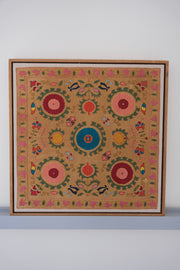 Framed antique suzani, framed textile, embroidered textile art, wooden frame