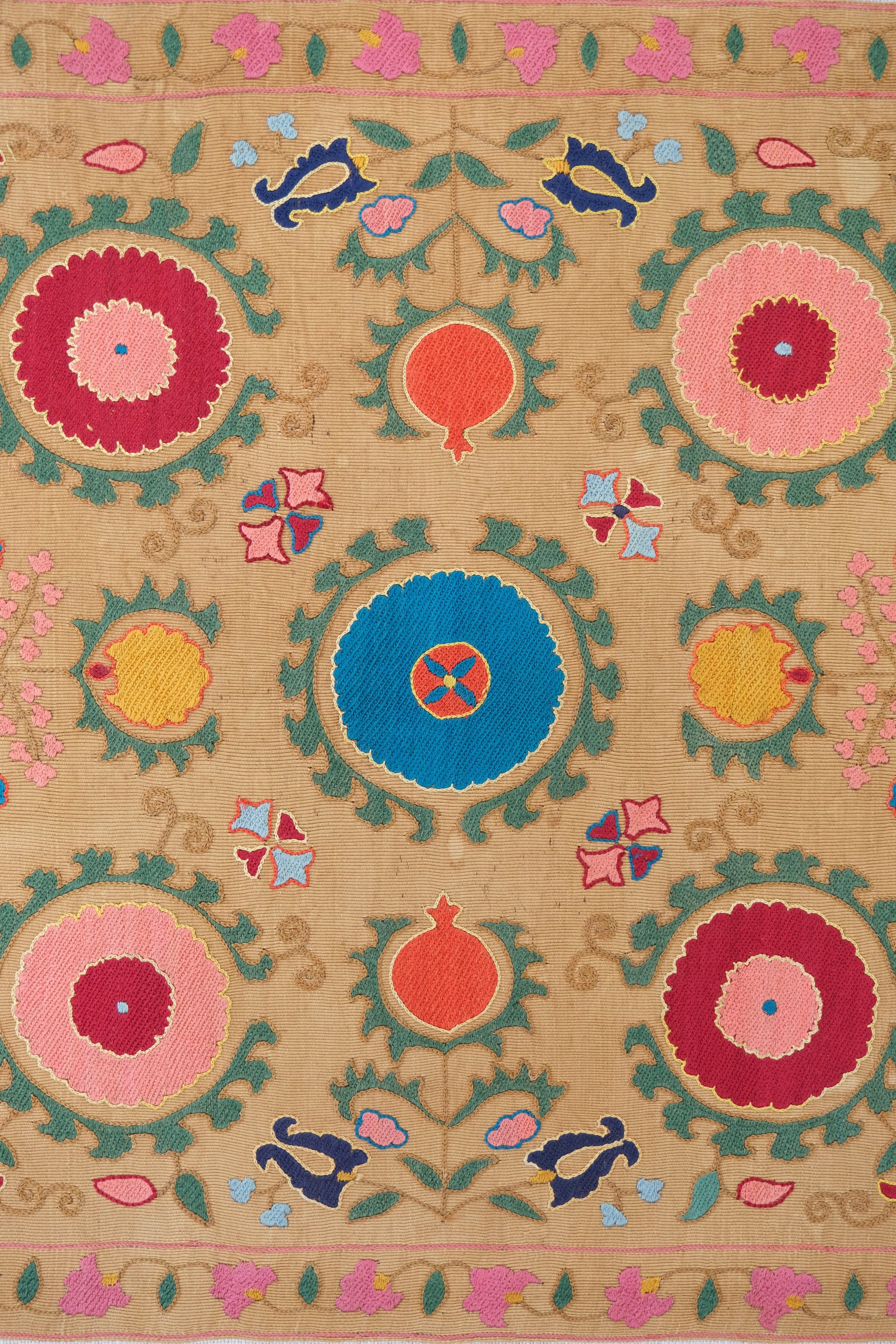 Framed antique suzani, framed textile, embroidered textile art, wooden frame, close-up