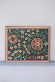 Framed suzani, embroidered textile art, wooden frame, green with orange and blue floral motifs