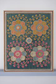 Framed suzani, embroidered textile art, wooden frame, green with orange and pink floral motifs