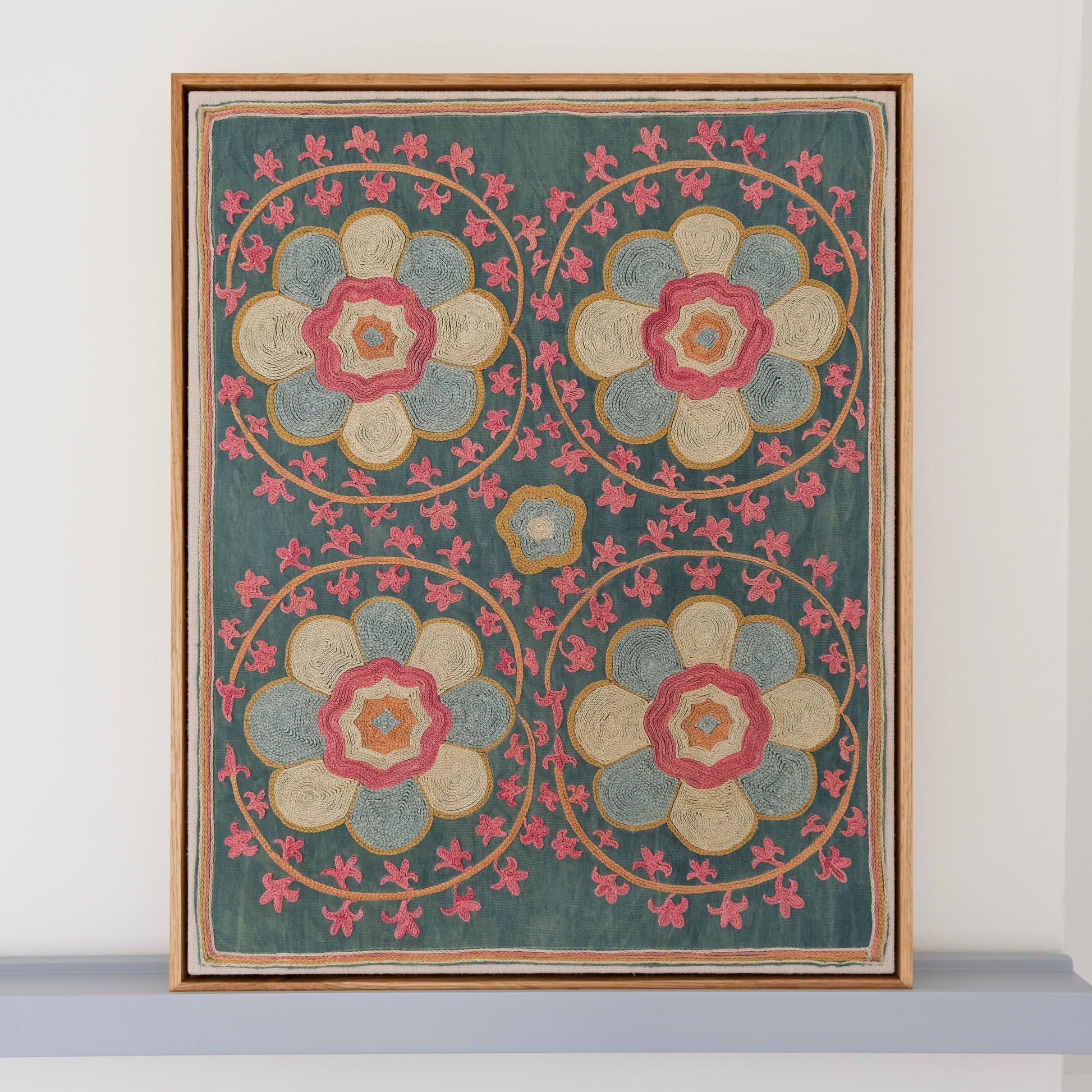 Framed suzani, embroidered textile art, wooden frame, green with florals