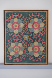 Framed suzani, embroidered textile art, wooden frame, green with florals