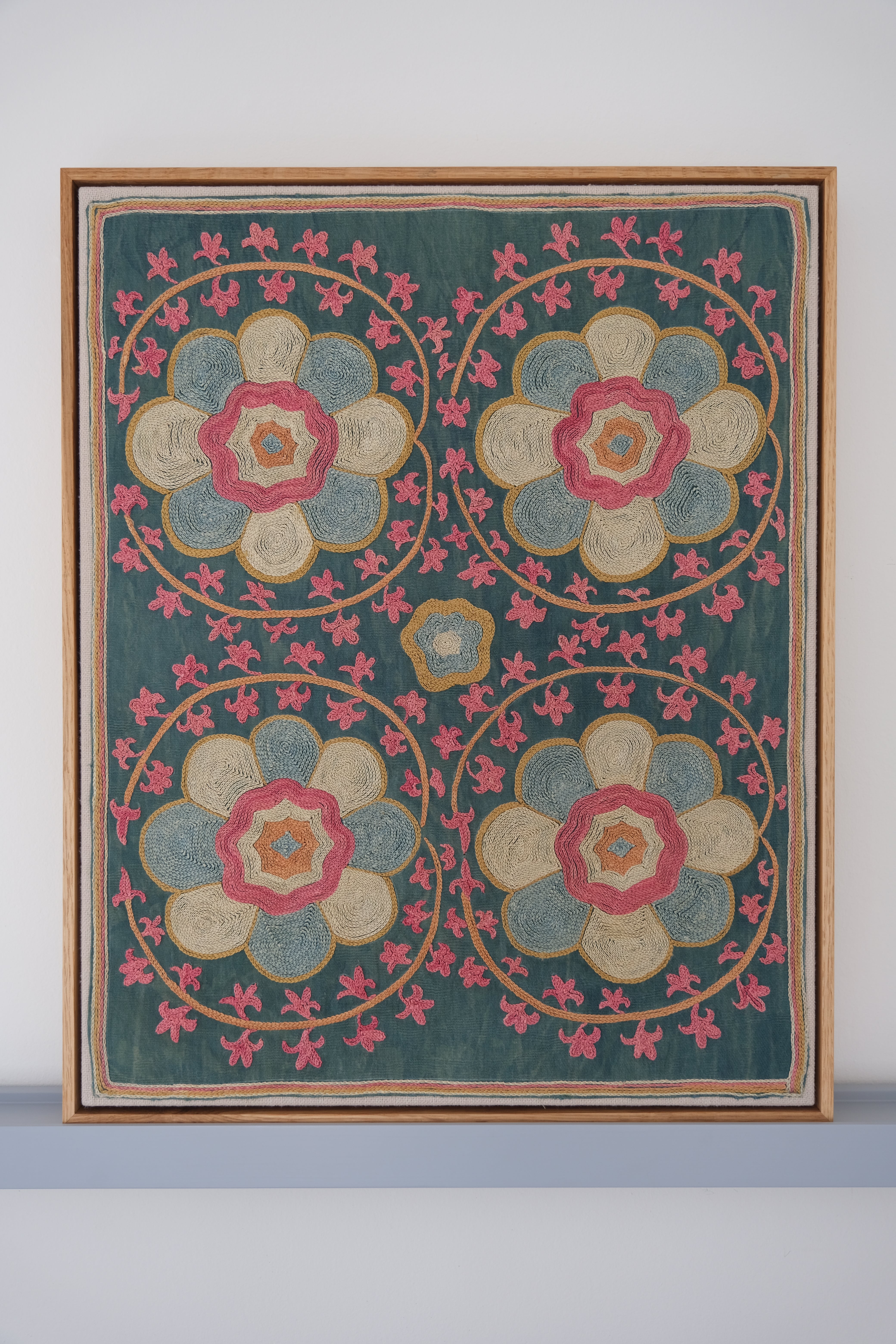 Framed suzani, embroidered textile art, wooden frame, green with florals