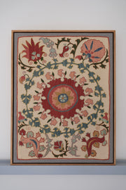 Framed suzani, embroidered textile art, wooden frame, white with pink and blue bird design