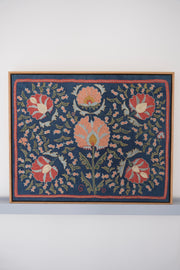 Framed suzani, embroidered textile art, wooden frame, navy blue with floral motifs